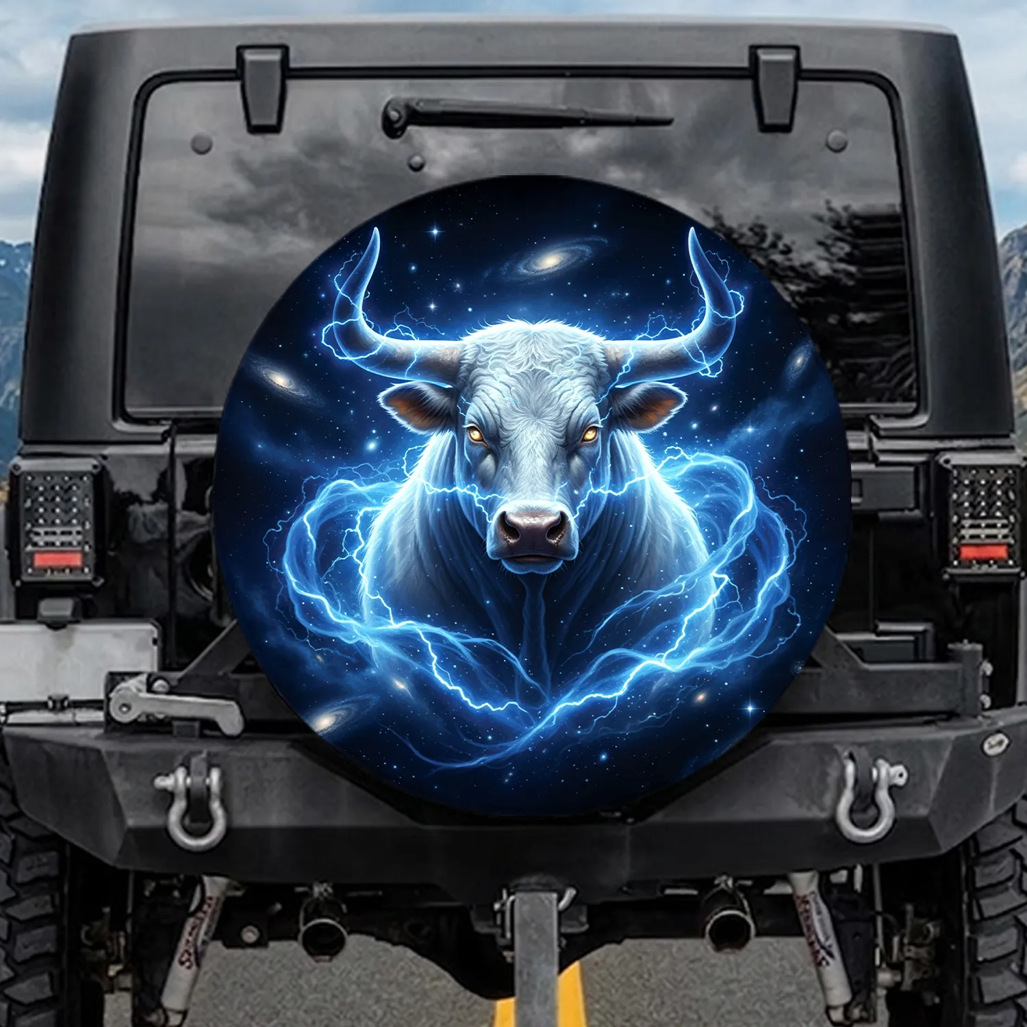 Majestic White Bull Head Lightning Electric Blue Cosmic Nebula - Wildlife Lover Gift Spare Tire Cover - 1