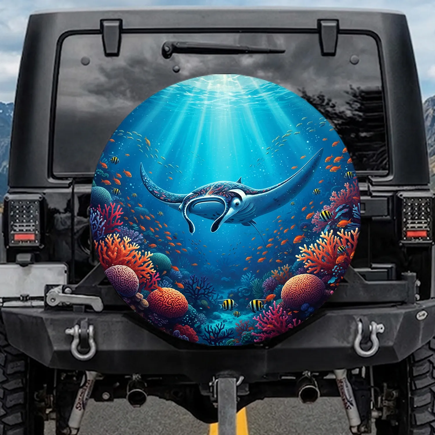 Majestic Manta Ray Vibrant Coral Reef Tropical Fish Sunlit Water Scene - Ocean Lover Gift Spare Tire Cover - 1