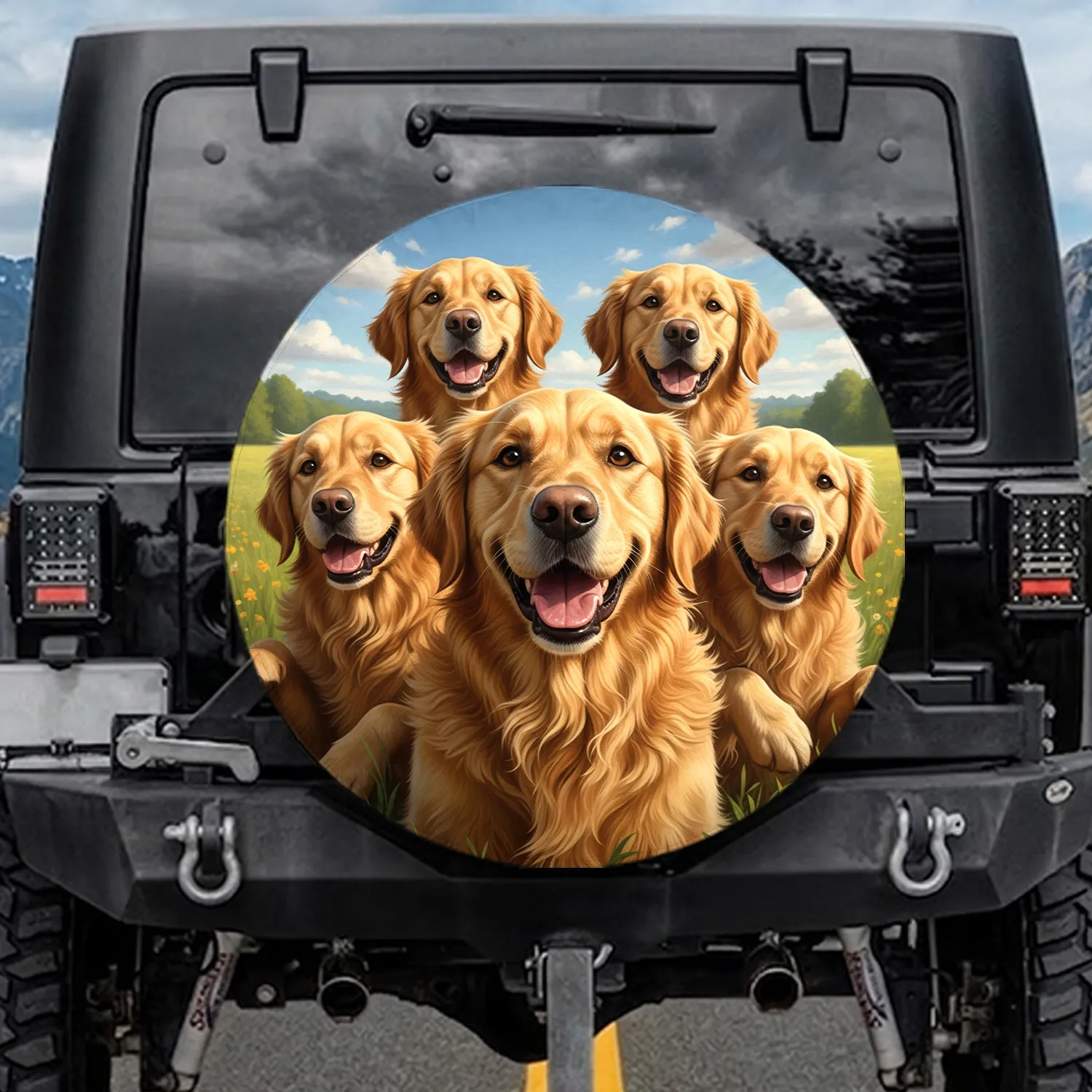 Smiling Golden Retriever Dog Group - Sunny Road Trip Adventure Gift for Dog Lovers Spare Tire Cover - 1