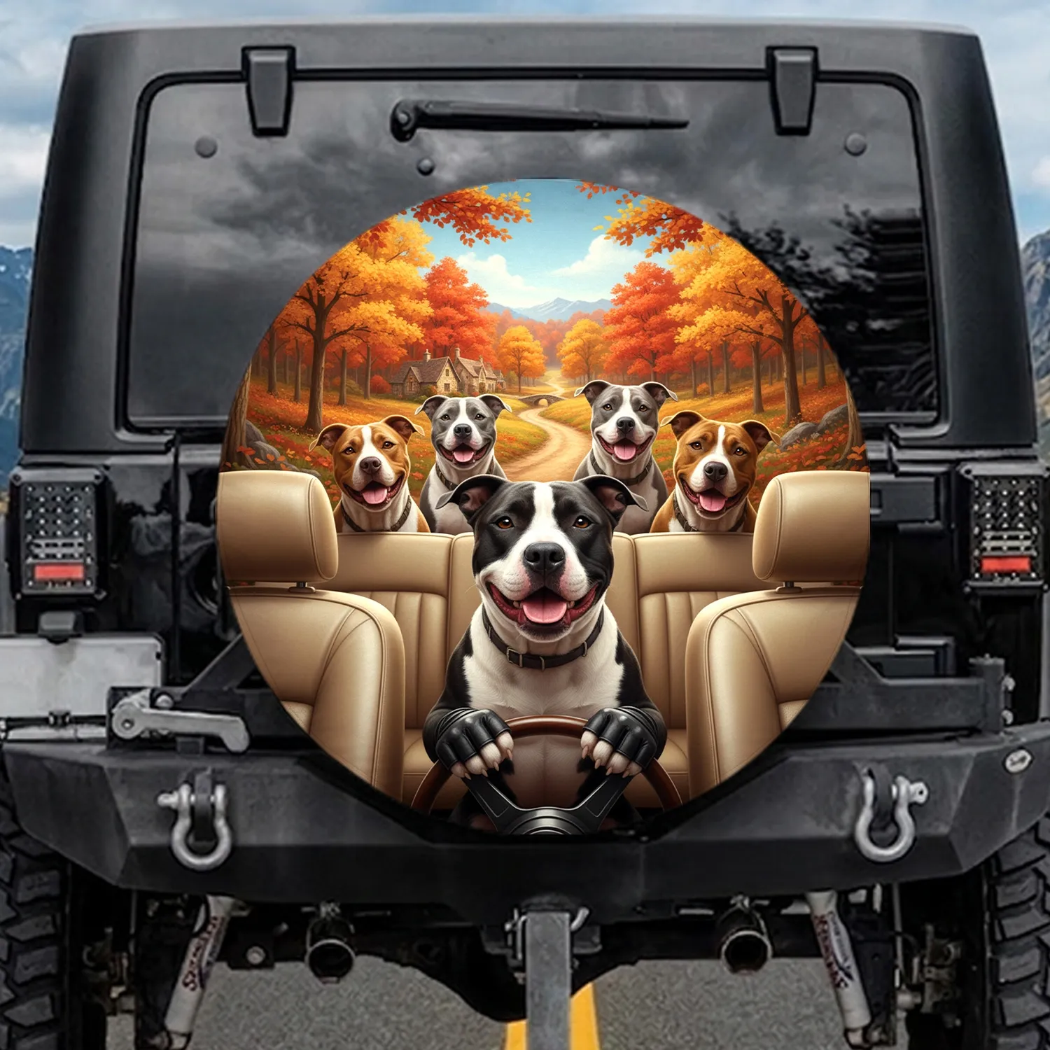 Pit Bull Dogs Car Ride Autumn Landscape - Open Road Adventure Gift for Dog Lovers Spare Tire Cover - 1