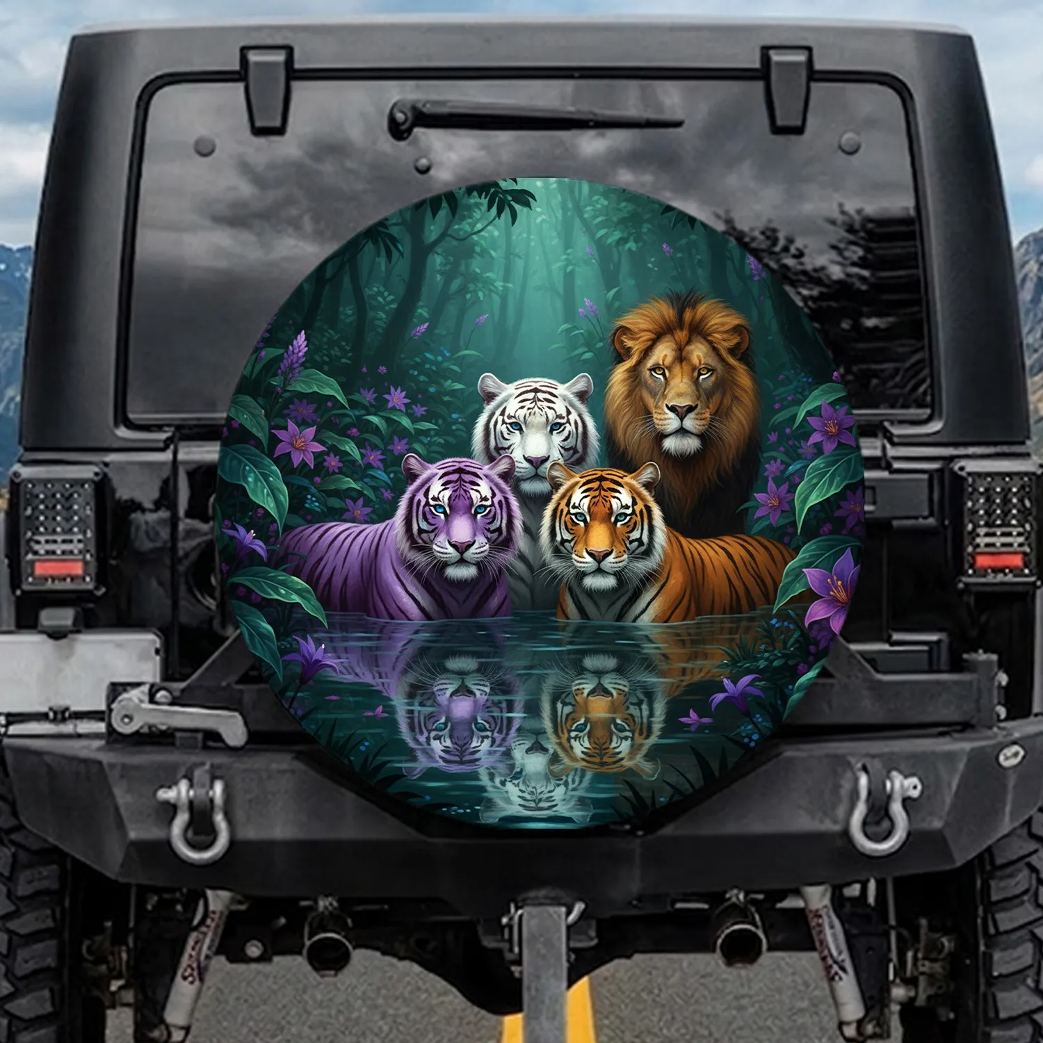 White Purple Orange Tiger Lion Mystic Jungle Flora Wildlife Lover Gift Spare Tire Cover - 1