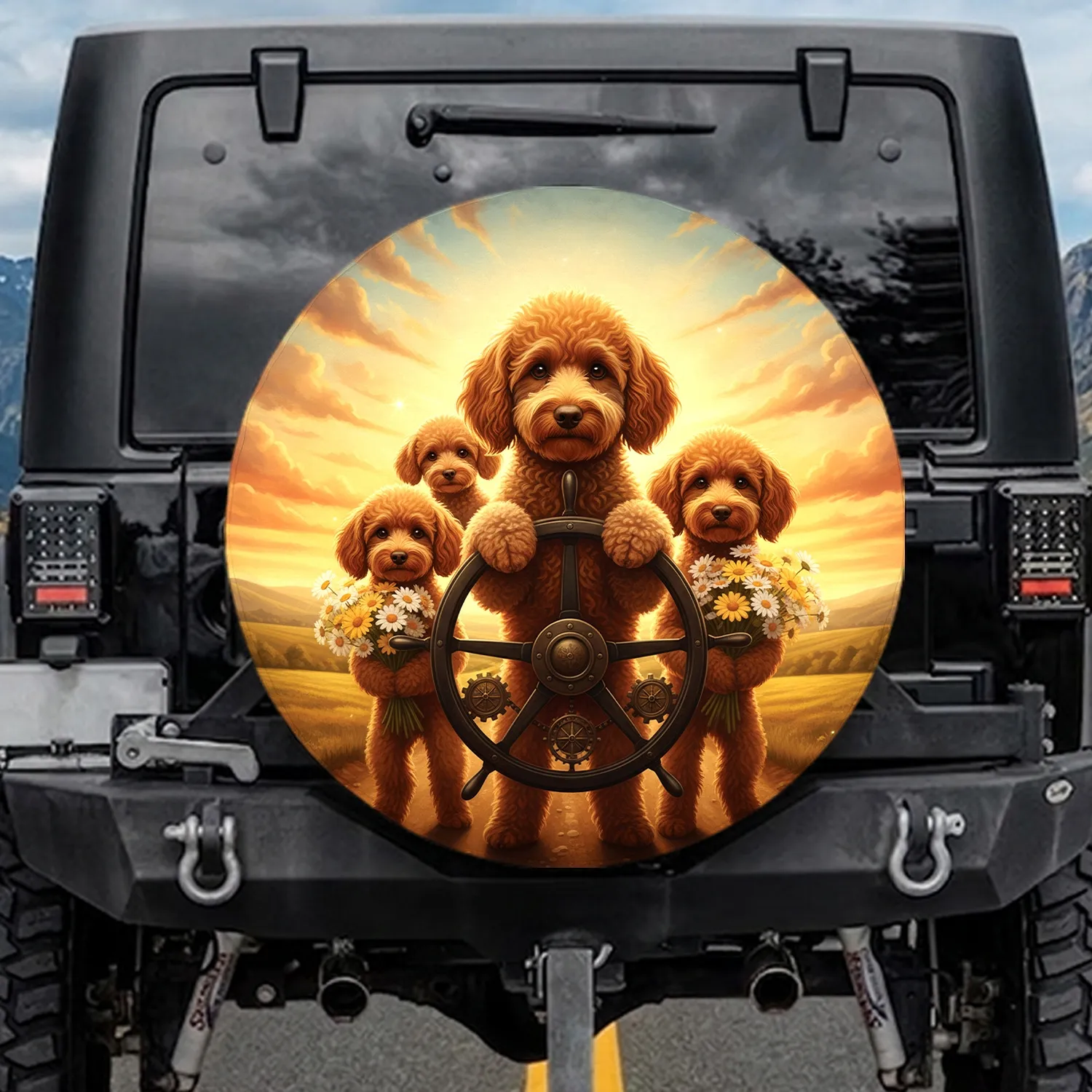 Apricot Poodles Steering Wheel Road Landscape - Dog Lover Travel Gift Spare Tire Cover - 1