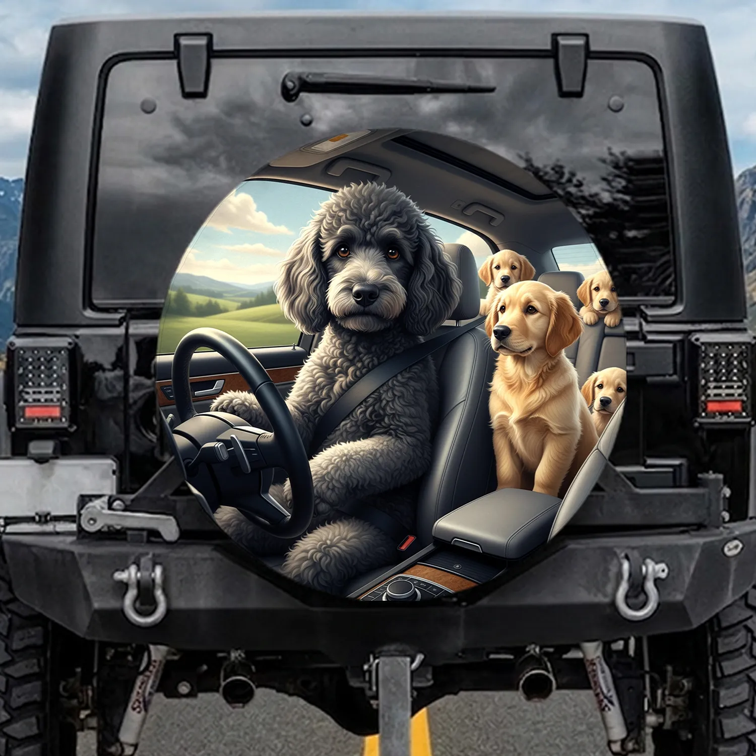 Grey Poodle Golden Retriever Puppies Car Road Trip - Dog Lover Gift Spare Tire Cover - 1