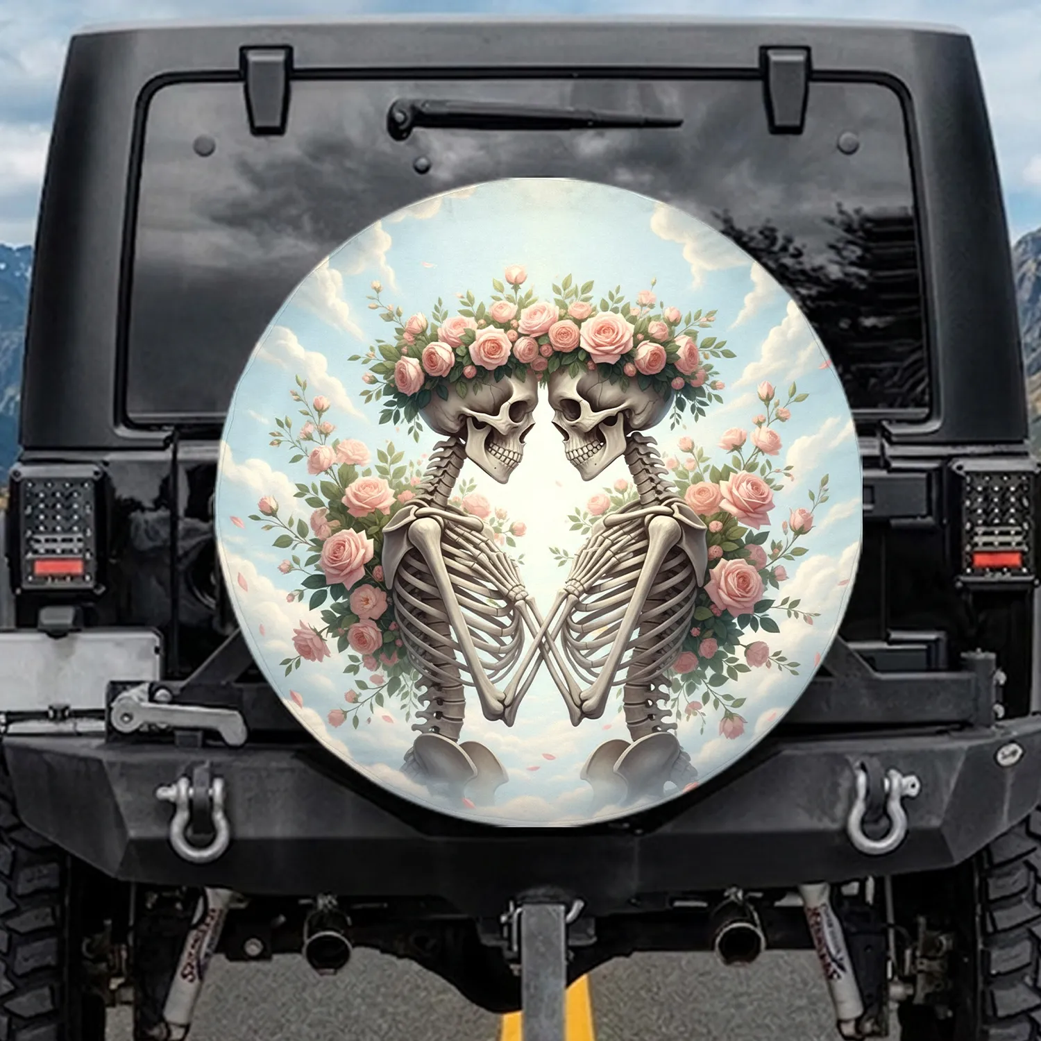 Intimate Skeletons Rose Crowns Sky Clouds - Eternal Love Gift for Couples Spare Tire Cover - 1