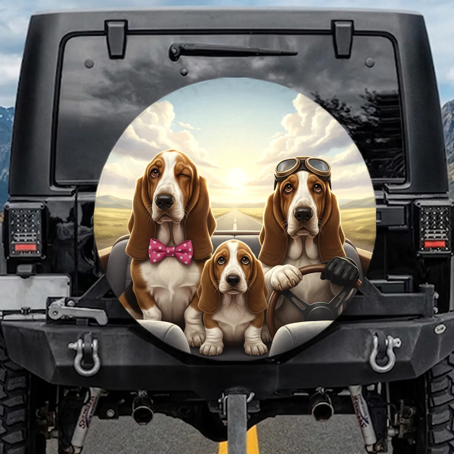 Basset Hounds Scenic Road Trip Puppy - Dog Lover Travel Gift Spare Tire Cover - 1