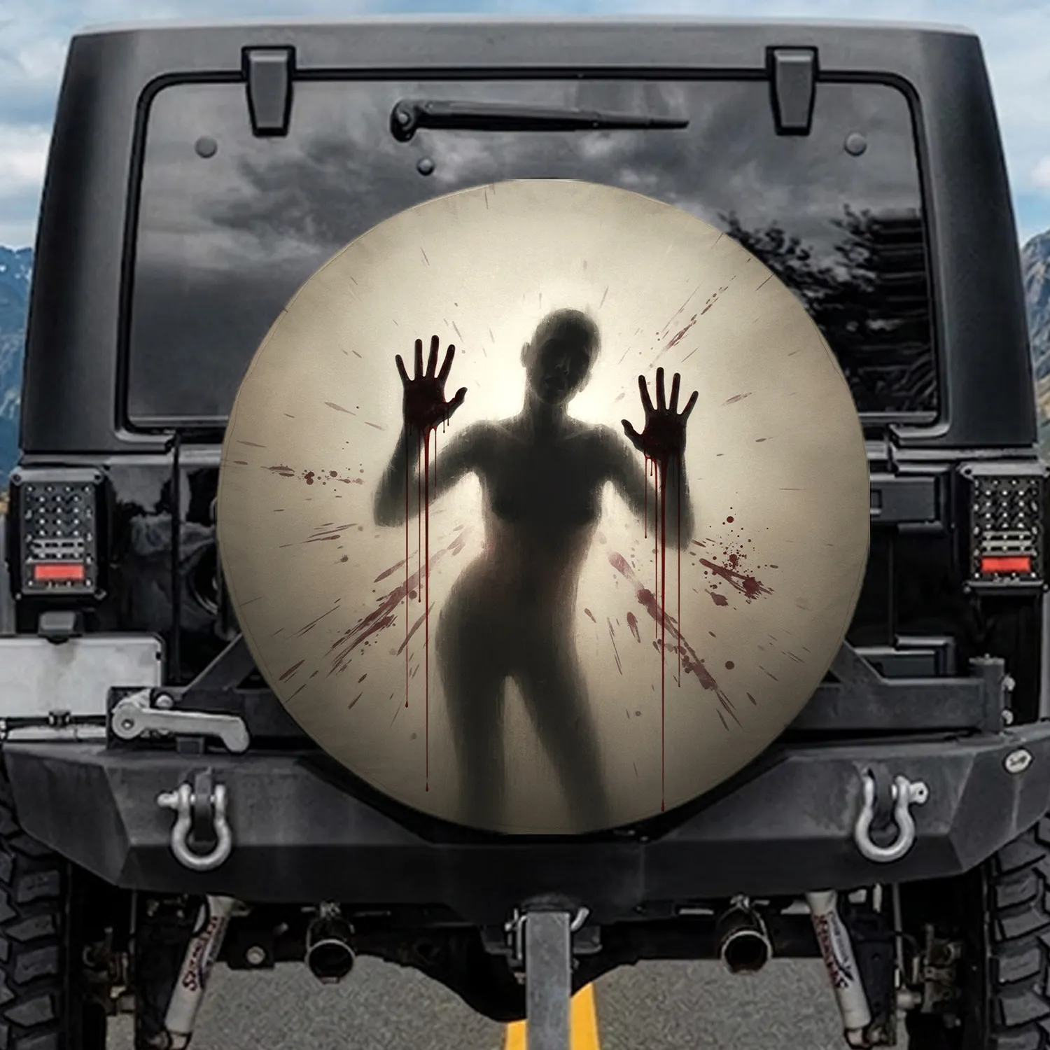 Distorted Spectral Figure Bloody Hands Against Frosted Glass - Horror Fan Gift Spare Tire Cover - 1