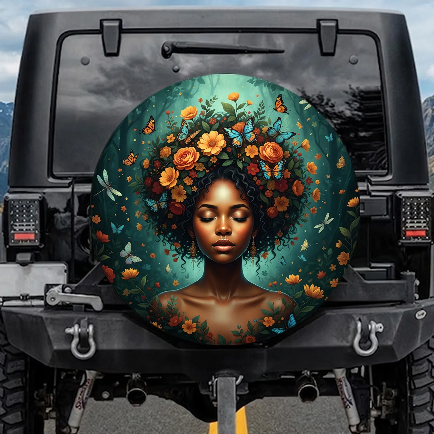 Young Woman Floral Crown Butterflies Dragonflies Forest - Home Decor Gift Spare Tire Cover - 1