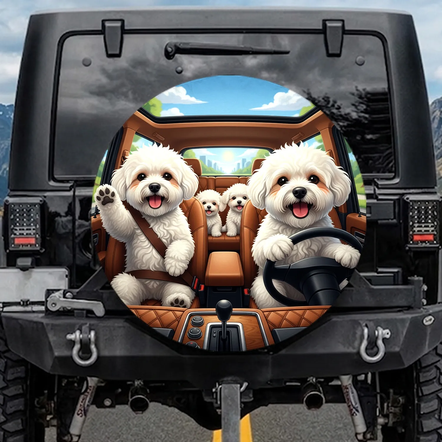 Happy Fluffy Bichon Frise Dog Family Road Trip - Vehicle Accessory for Dog Lovers Spare Tire Cover - 1