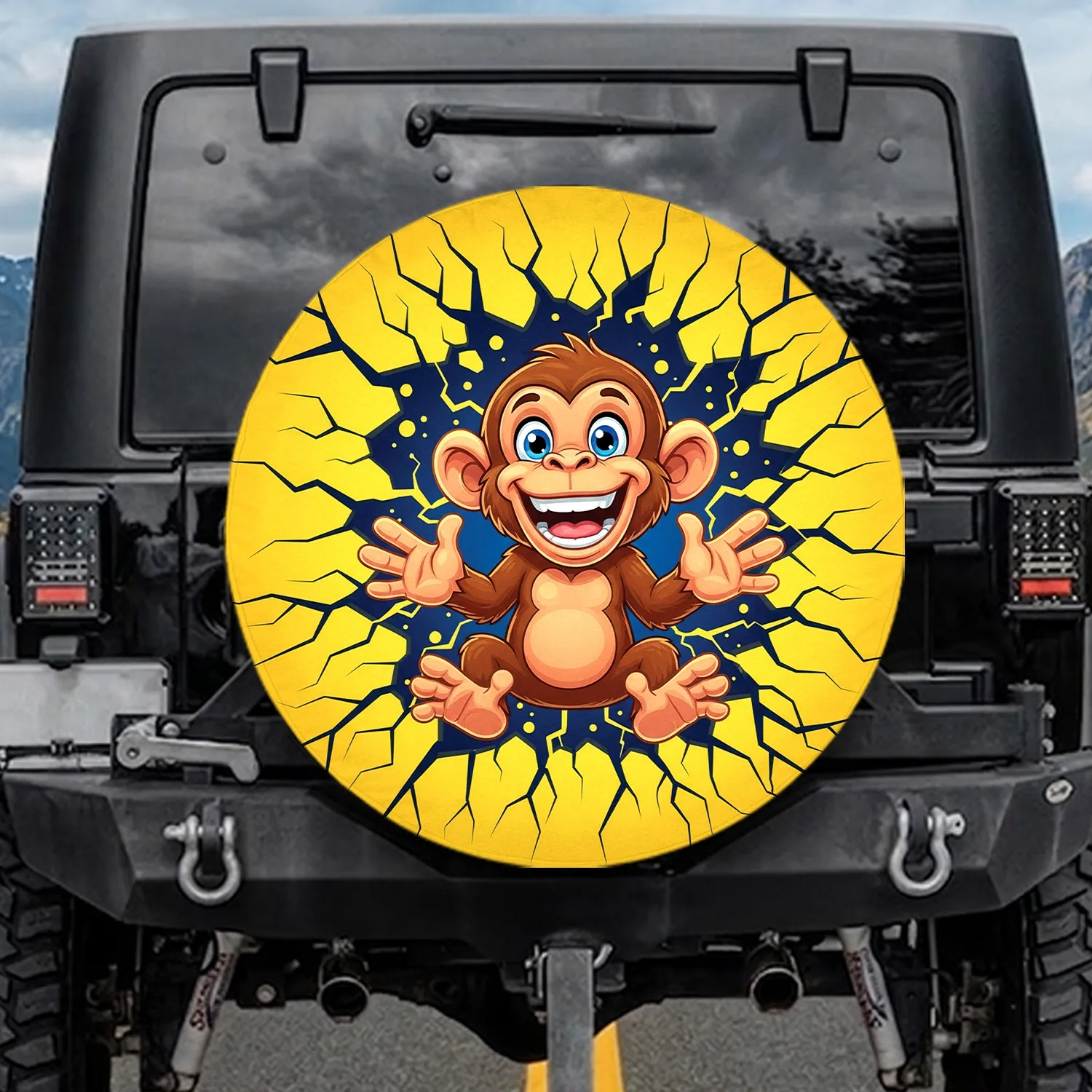 Cheerful Brown Monkey Vibrant Yellow Fractured Surface - Wildlife Lover Gift Spare Tire Cover - 1