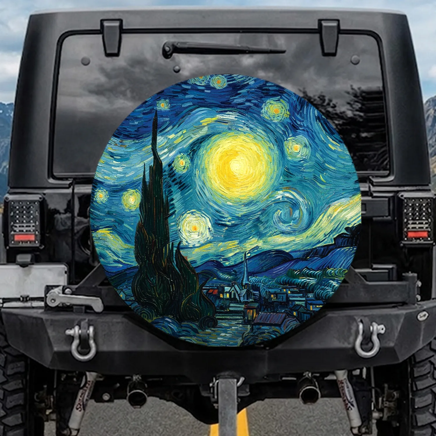 Towering Cypress Tree Swirling Sky Glowing Moon Radiant Stars Village Hills - Home Decor Gift Spare Tire Cover - 1