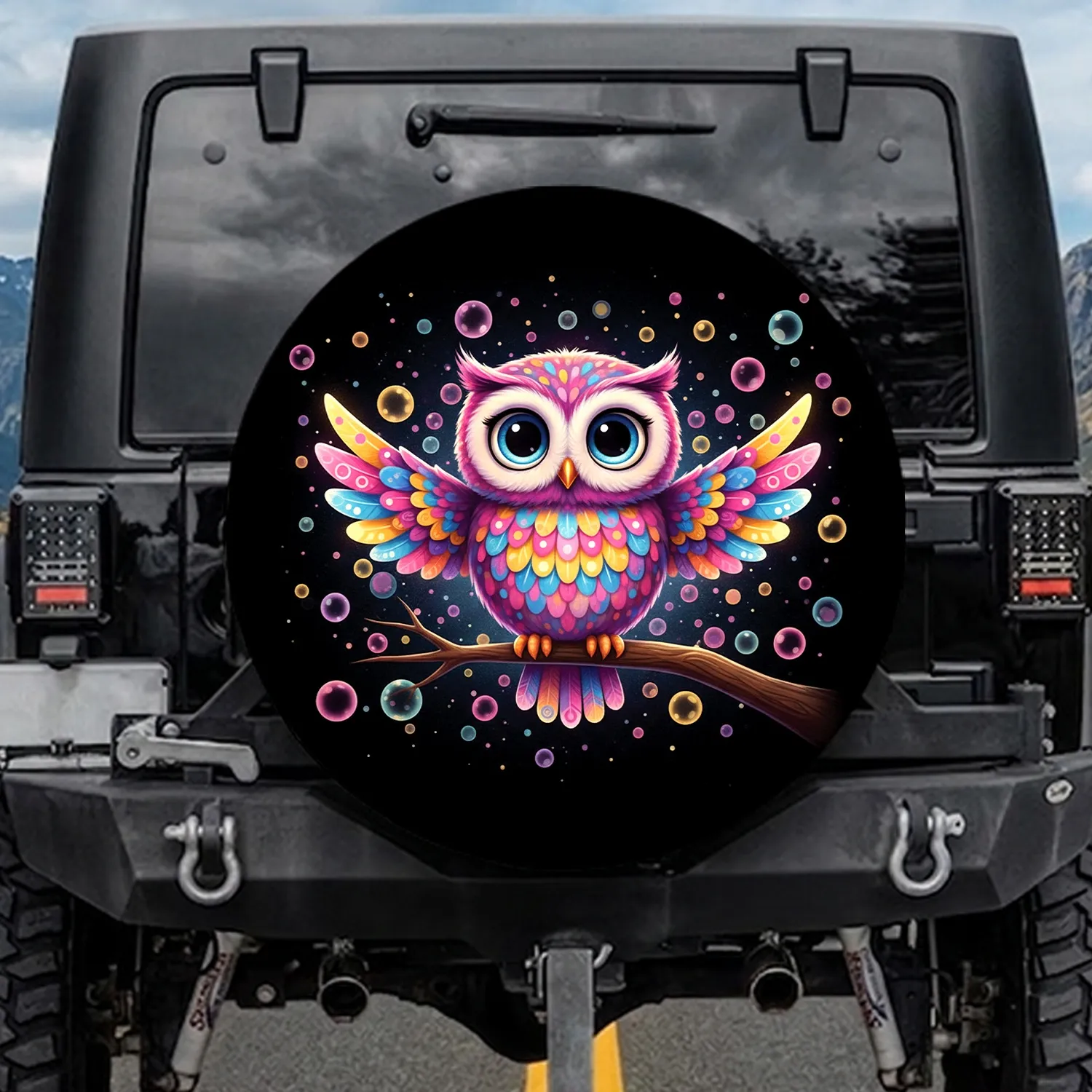 Large-Eyed Owl on Branch Cosmic Bubble Confetti - Fantasy Lover Gift for Owl Lover Spare Tire Cover - 1