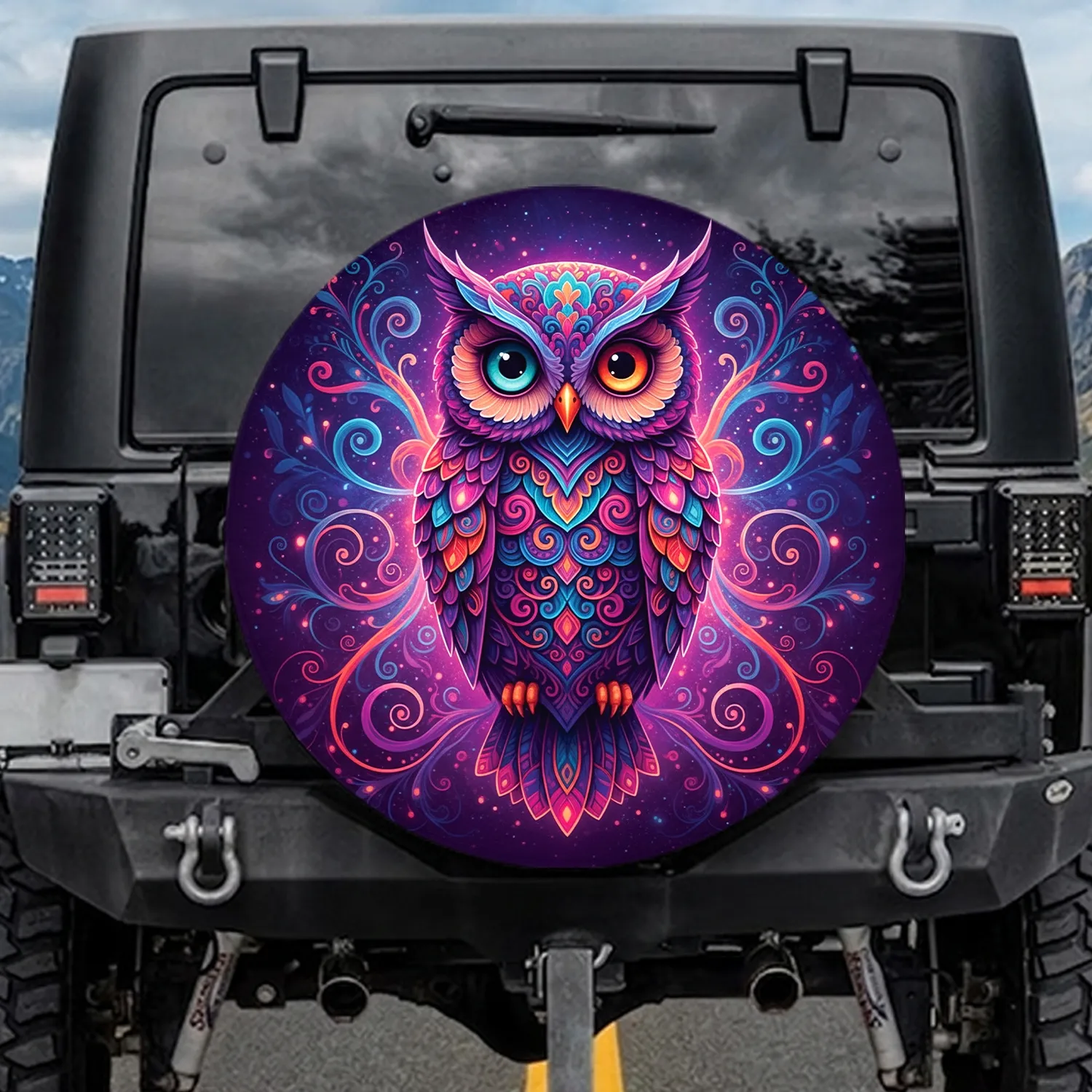 Mismatched Eyes Owl Swirling Feathers Tendrils - Glowing Starry Fantasy Lover Gift Spare Tire Cover - 1