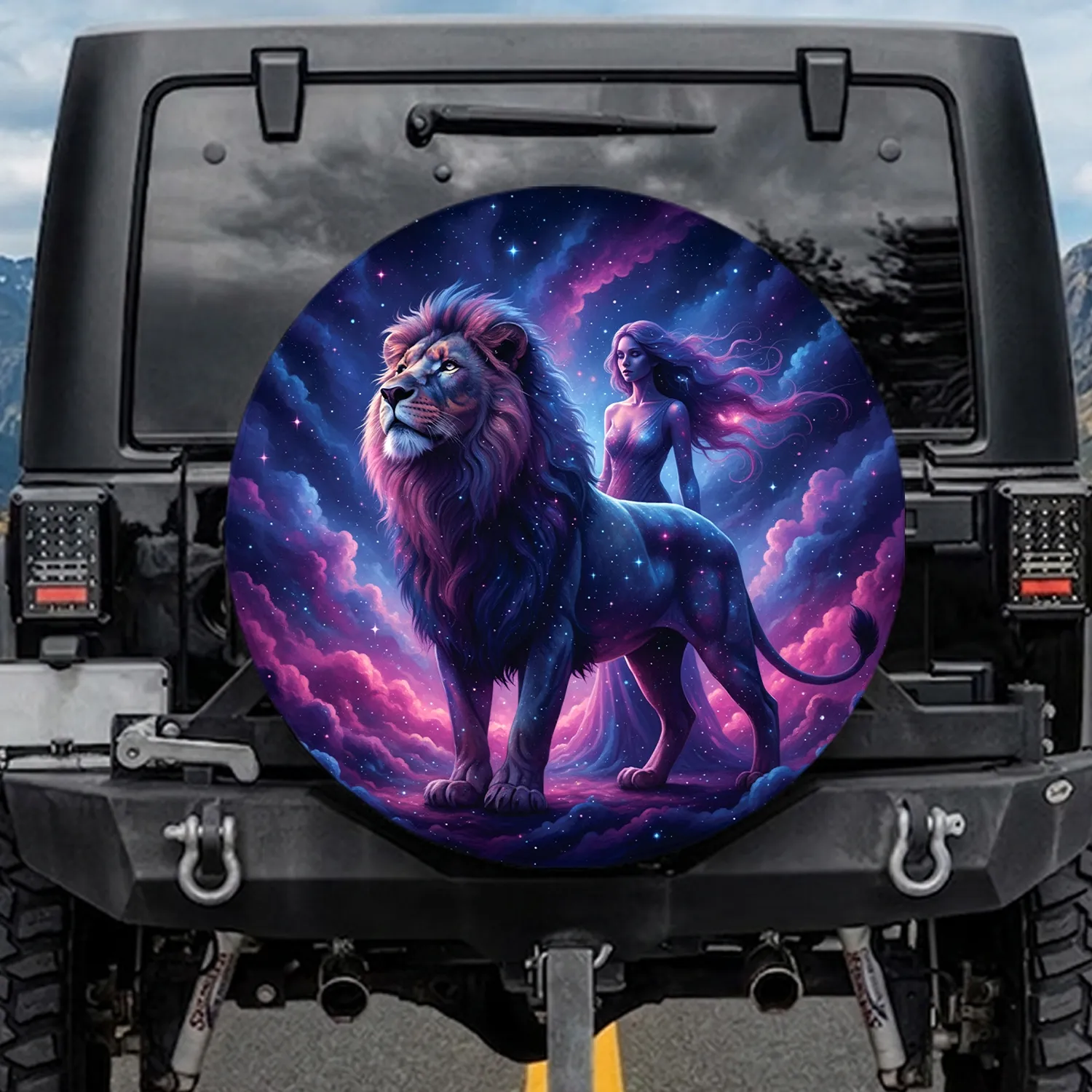 Majestic Lion Ethereal Woman Cosmic Nebula Starfield Galactic Vista - Celestial Journey Gift Spare Tire Cover - 1