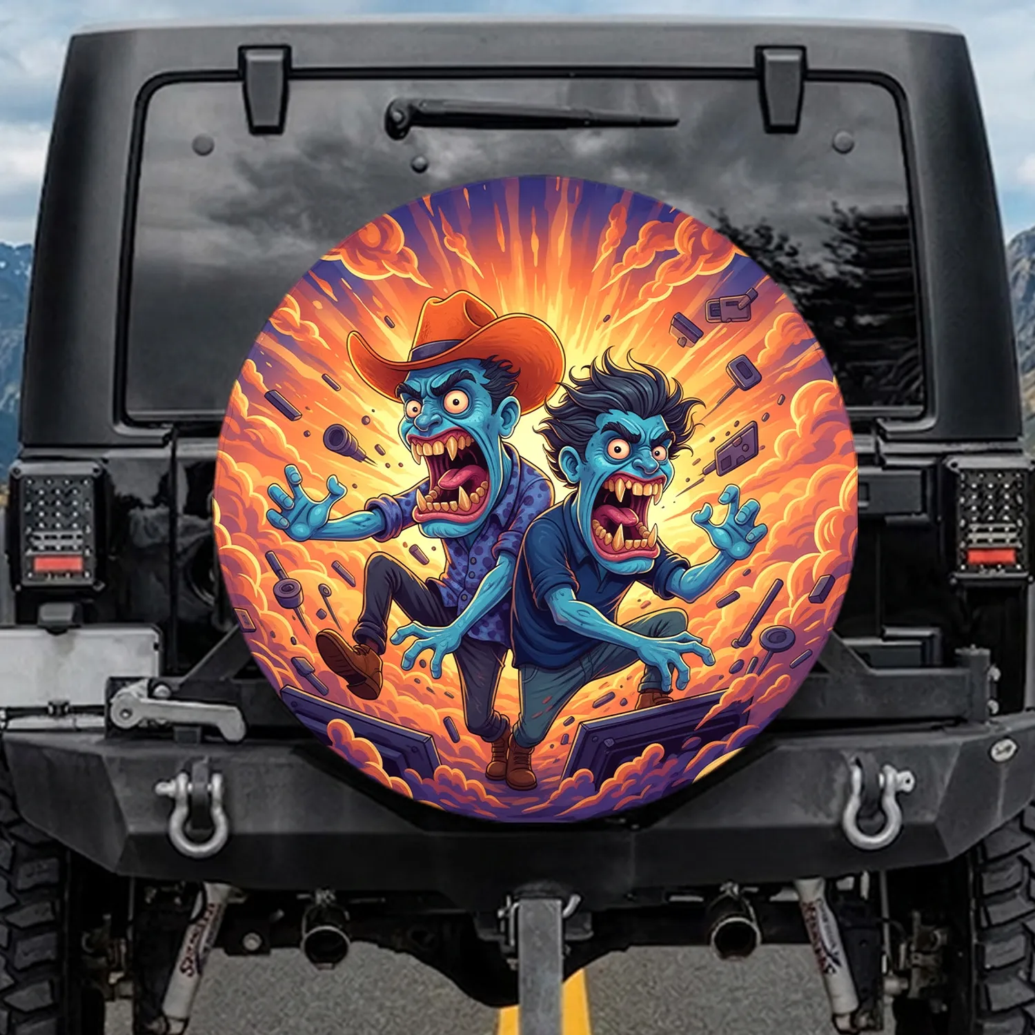 Screaming Blue Monster Cowboy Wild Hair Figures - Road Trip Adventure Spare Tire Cover - 1
