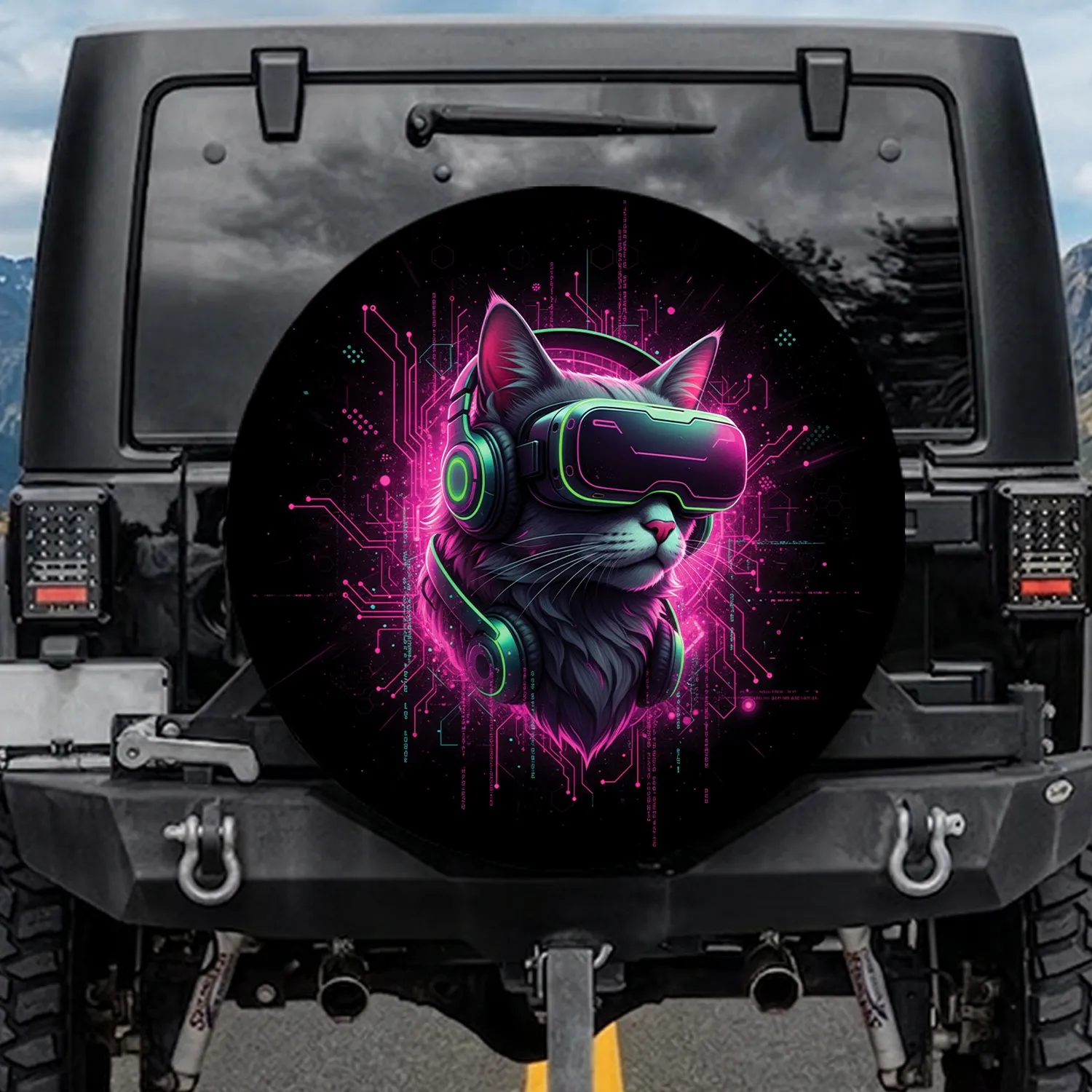 Futuristic Cat VR Goggles Headphones - Tech Lover Gift for Gamers Spare Tire Cover - 1