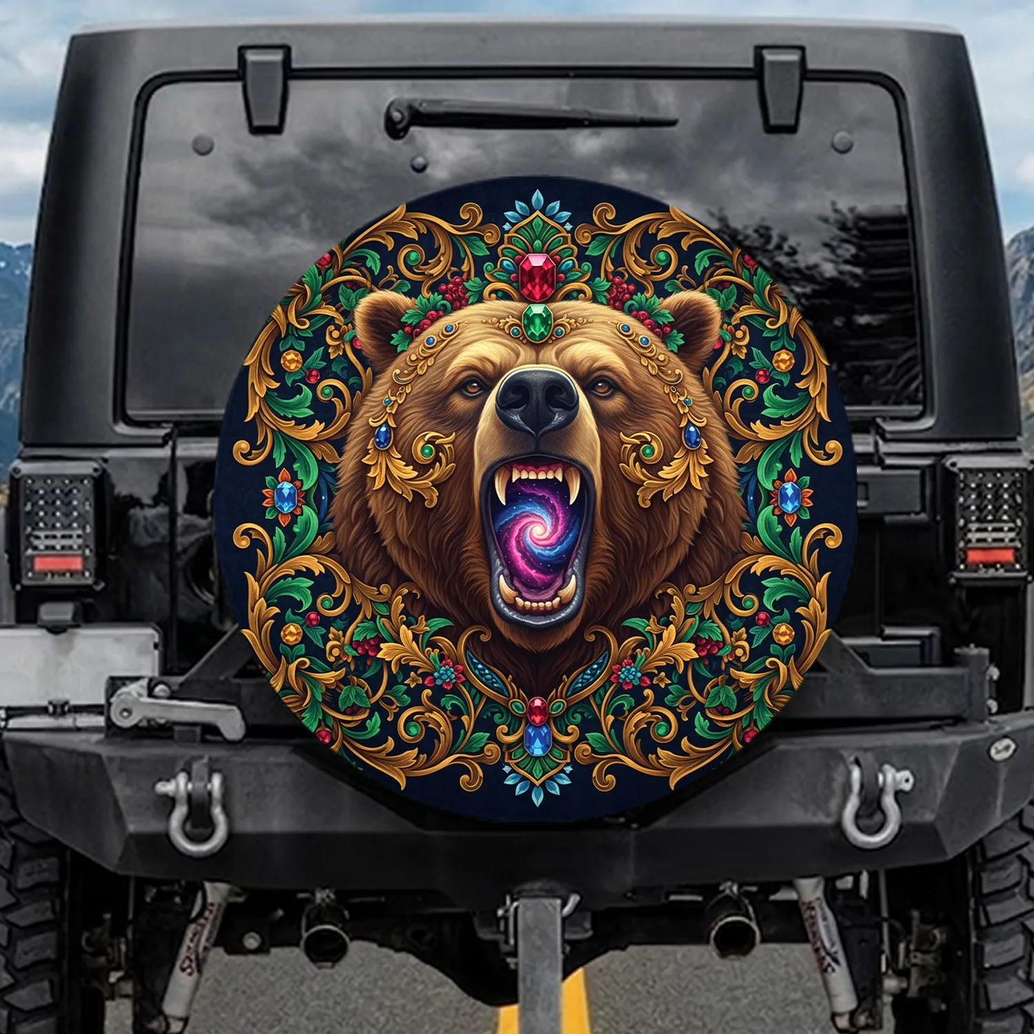 Roaring Bear Gold Filigree Cosmic Nebula - Wildlife Lover Gift Spare Tire Cover - 1