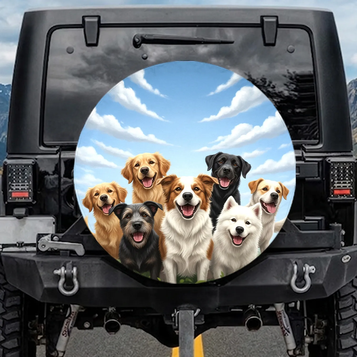 Joyful Dog Pack Blue Sky Clouds - Outdoor Adventure Travel Gift for Pet Owners Spare Tire Cover - 1