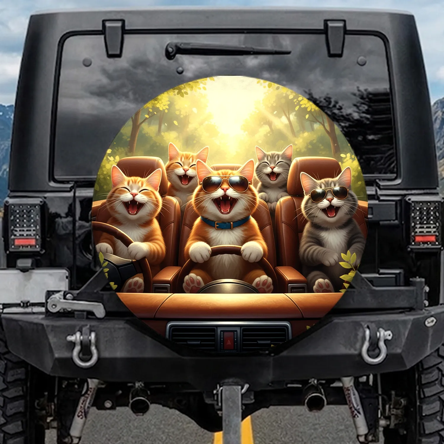 Four Joyful Tabby Cats with Sunglasses Driving Car Interior - Cat Lover Gift Spare Tire Cover - 1