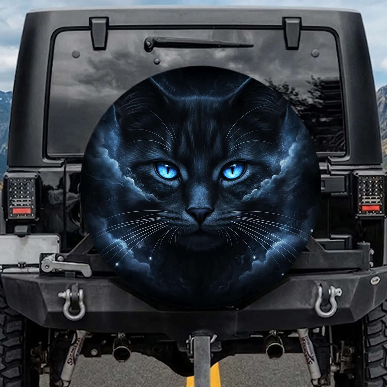 Piercing Luminous Electric Blue Feline Eyes Dark Fur - Wildlife Cat Lover Gift Spare Tire Cover - 1