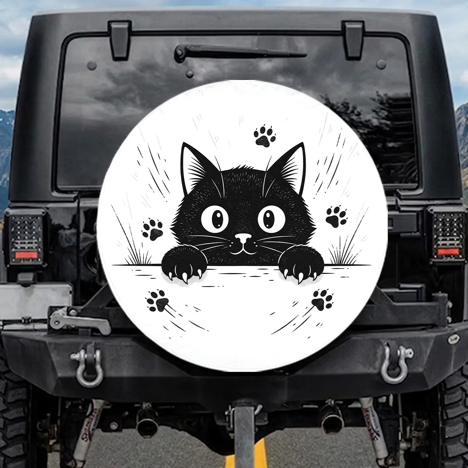 Black Cat Large Round White Eyes Peeking Paw Prints - Cat Lover Everyday Gift Spare Tire Cover - 1