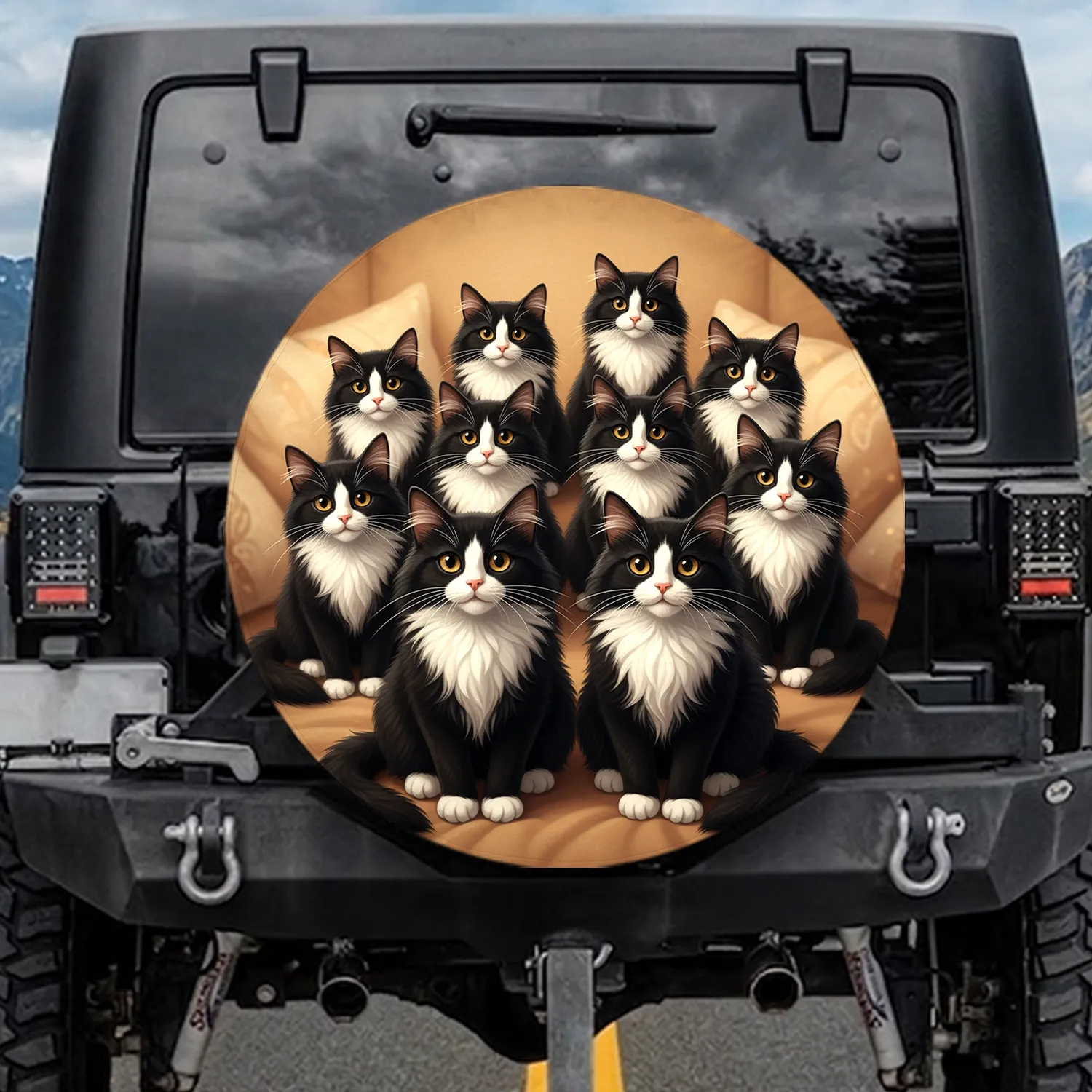 Nine Fluffy Tuxedo Cats Bright Eyes Upholstery - Home Decor Gift for Cat Owners Spare Tire Cover - 1