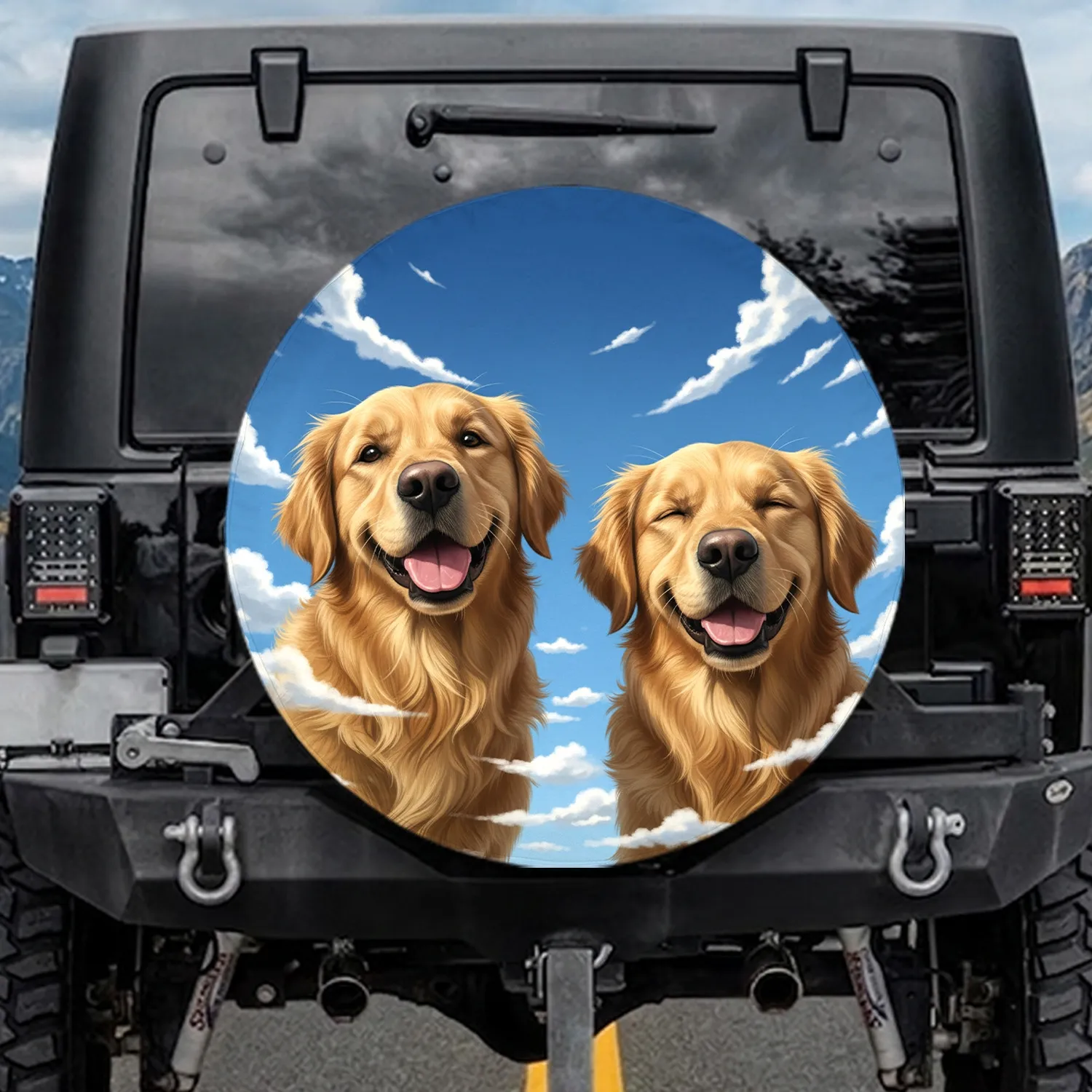 Golden Retrievers Pink Tongue Squinting Blue Sky Cumulus Clouds - Dog Lover Gift Spare Tire Cover - 1
