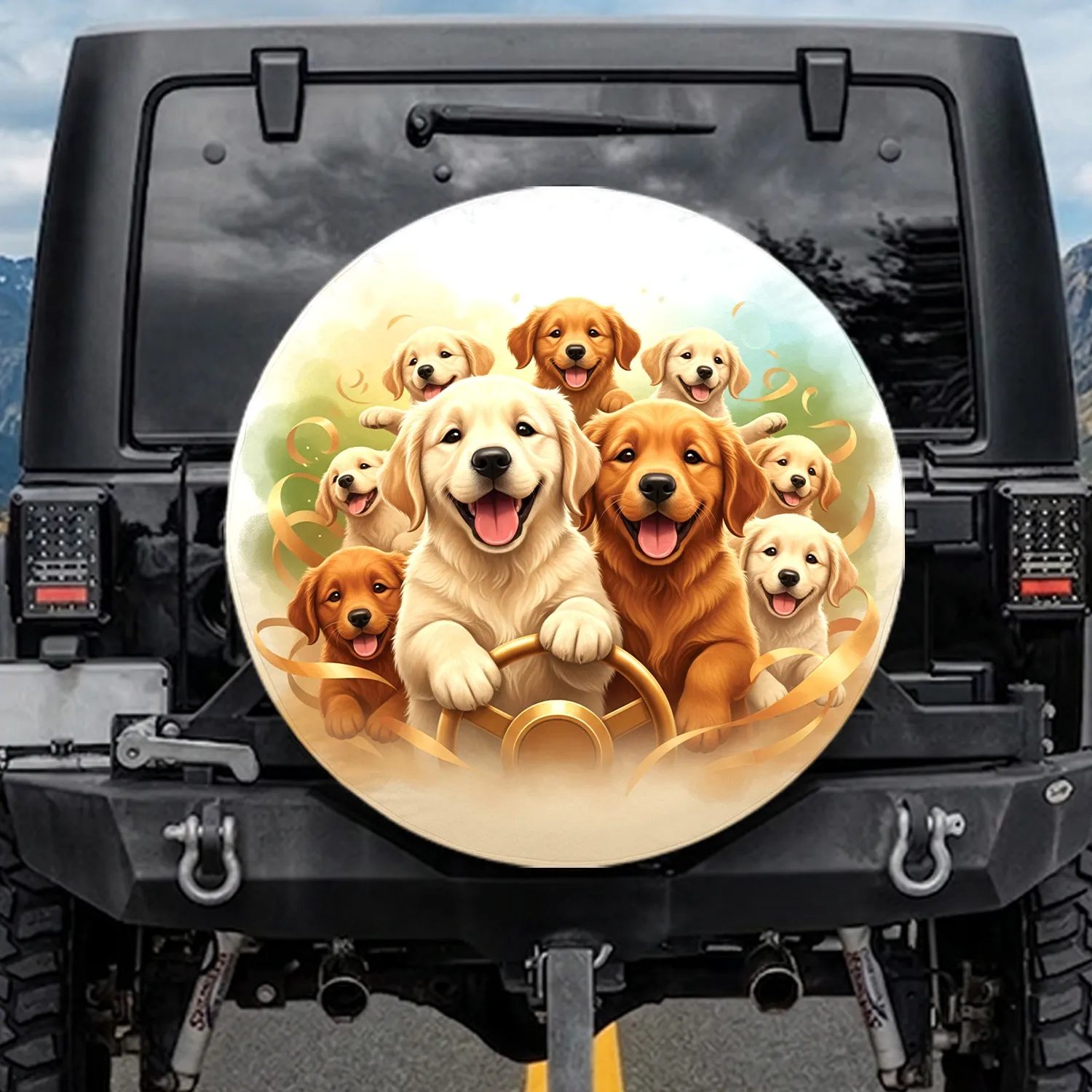 Golden Retriever Puppies Journey - Road Trip Companion Gift for Dog Lover Spare Tire Cover - 1