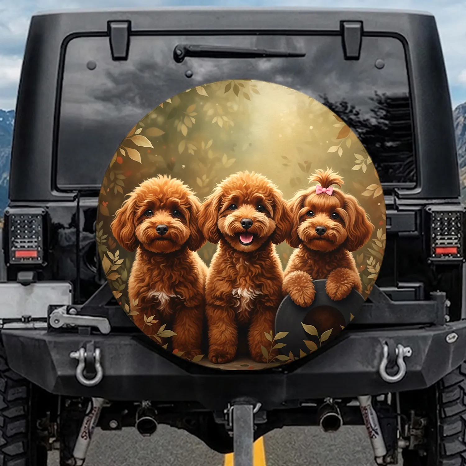 Fluffy Miniature Poodles Lush Foliage - Pet Owner Home Decor Gift for Dog Lovers Spare Tire Cover - 1