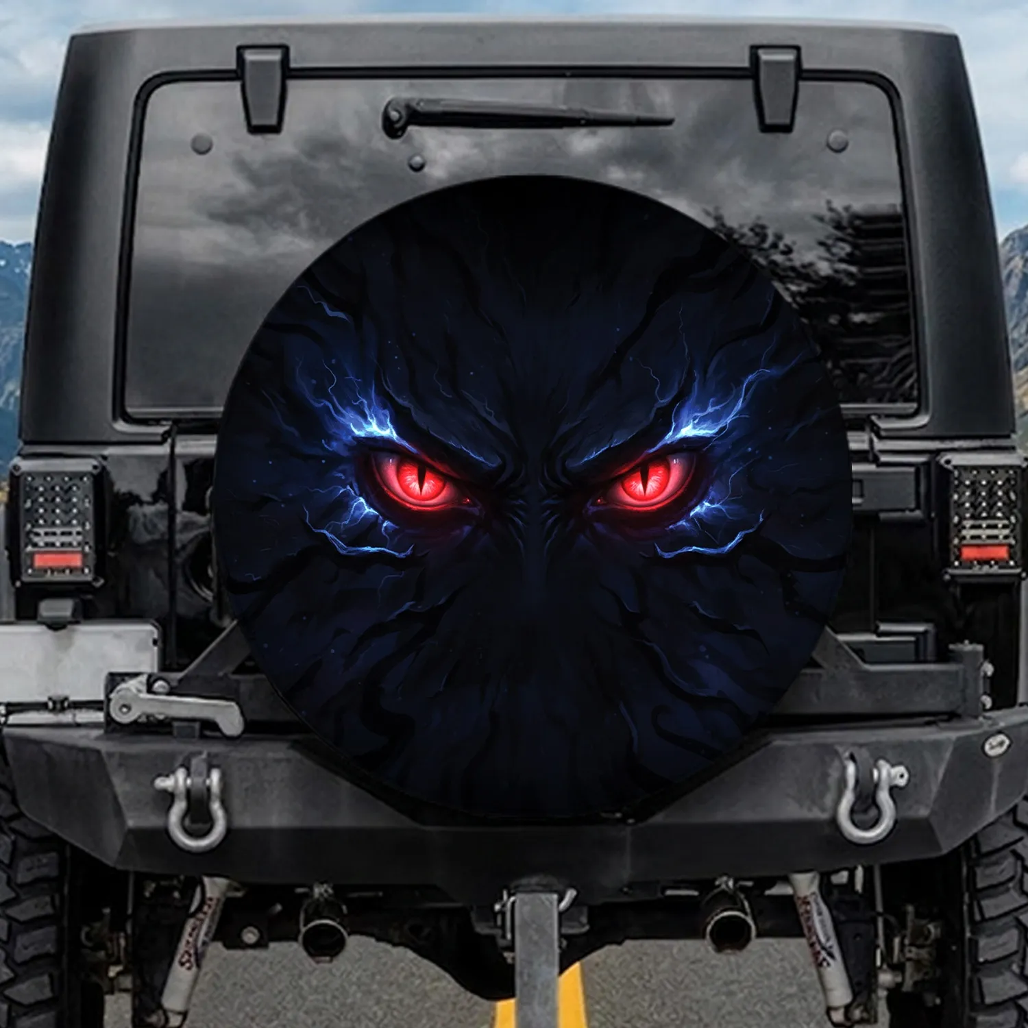 Menacing Red Eyes Electric Blue Light Angular Brow Ridges Dark Energy - Car Decor Gift Spare Tire Cover - 1