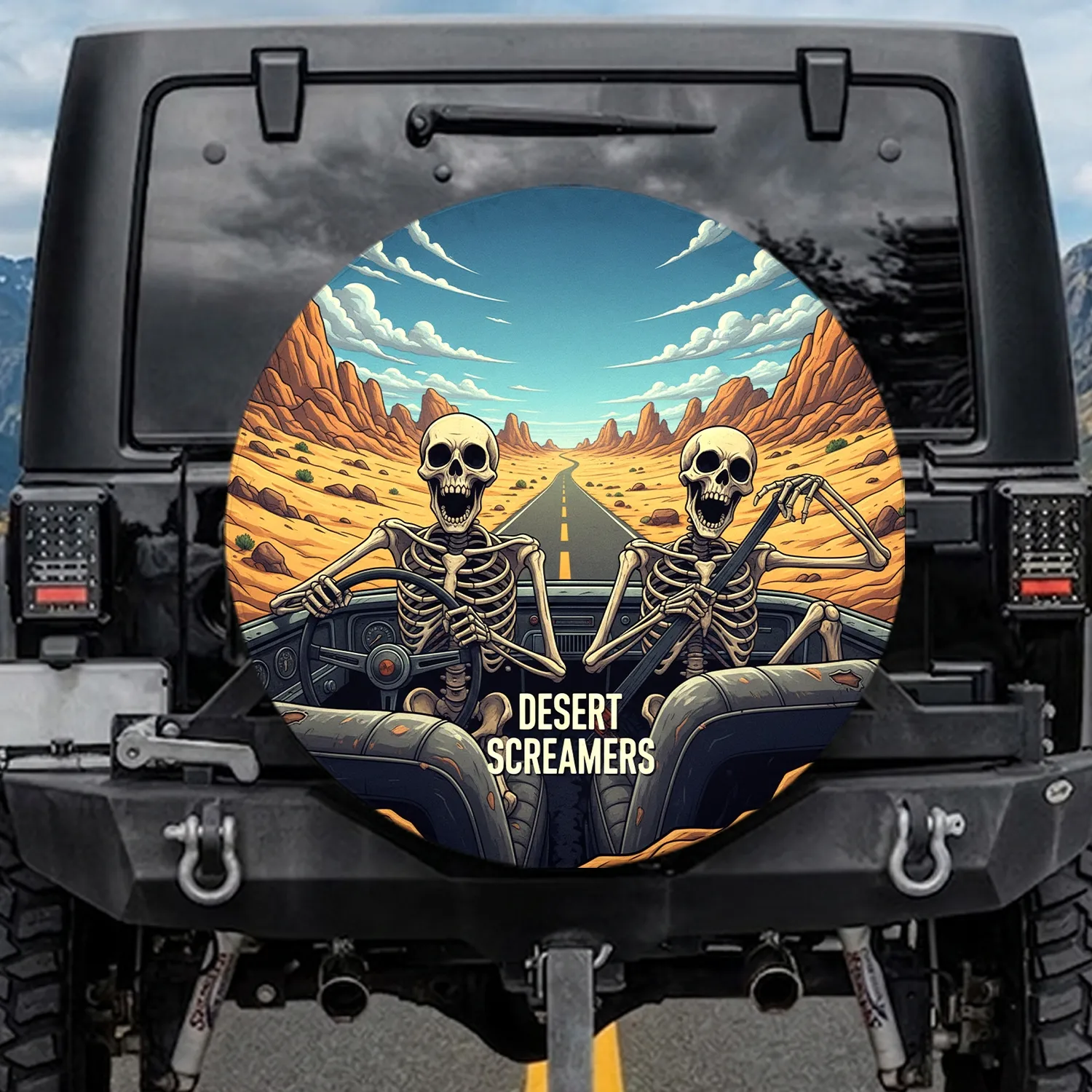 Screaming Skeletons Desert Road Trip - Driver Home Decor Gift Spare Tire Cover - 1