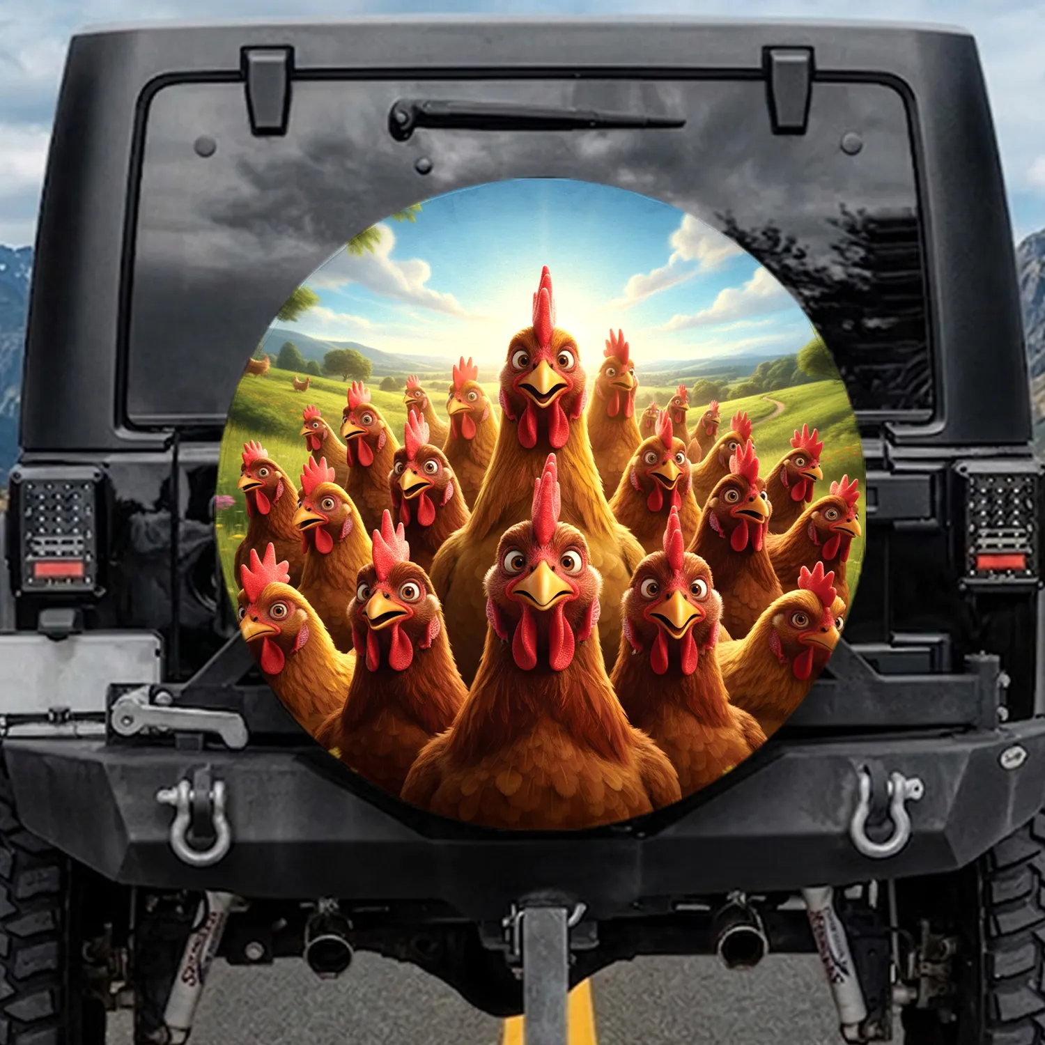 Wide-Eyed Chickens Natural Landscape - Farmhouse Decor Gift for Chicken Lover Spare Tire Cover - 1