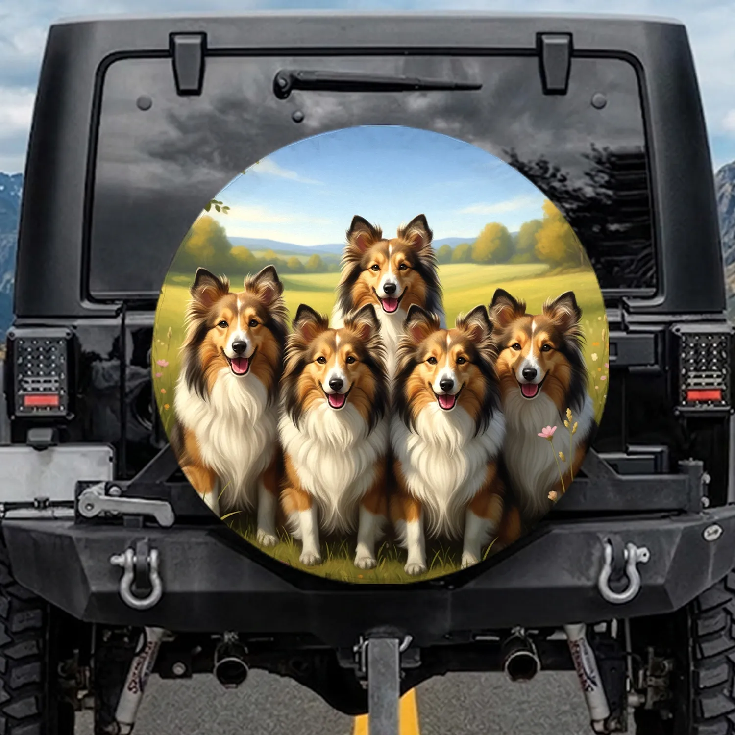 Happy Shetland Sheepdogs Outdoor Meadow Landscape - Dog Lover Gift Spare Tire Cover - 1