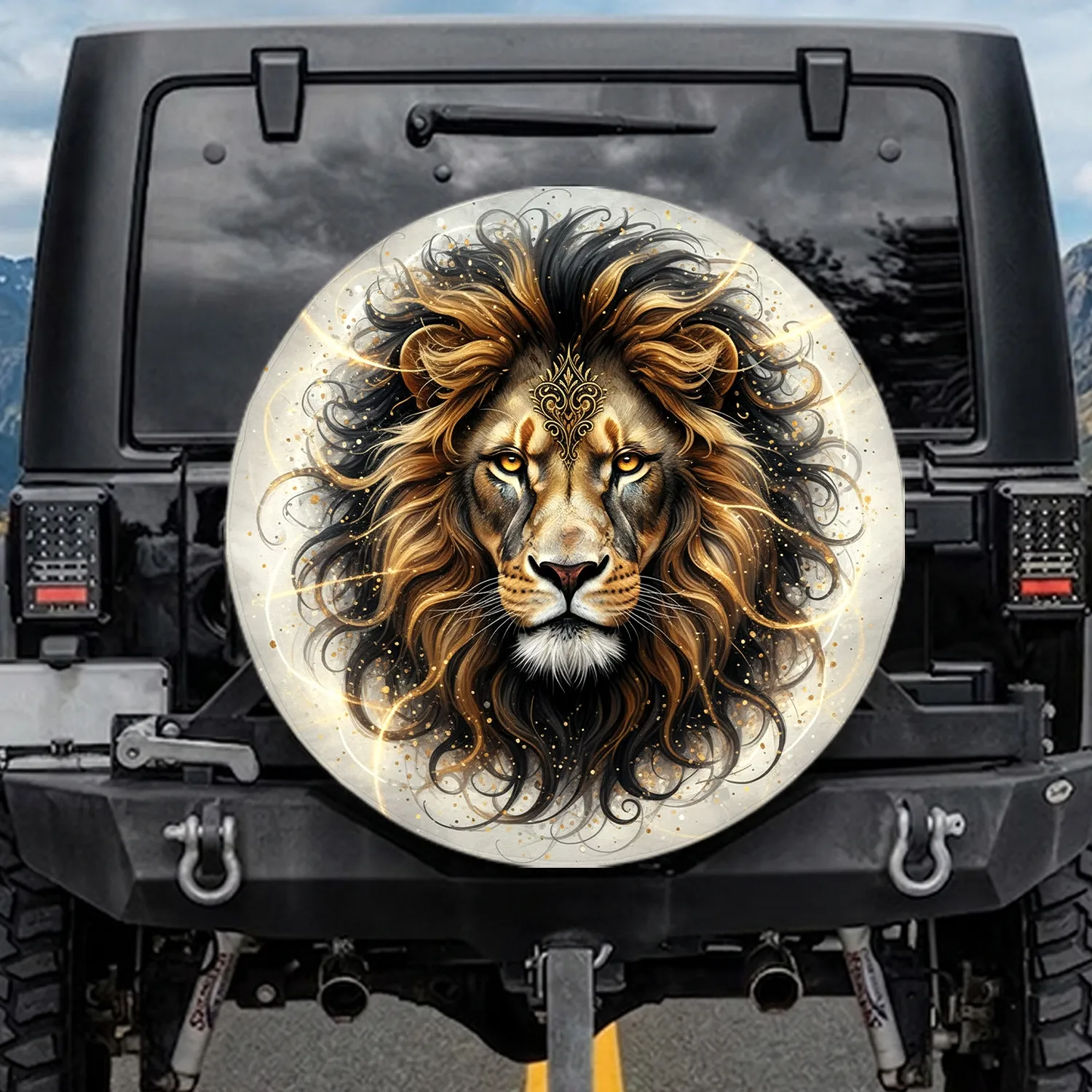 Majestic Lion Head Golden Mane Swirling Tendrils Ornate Forehead Pattern - Wildlife Lover Gift Spare Tire Cover - 1