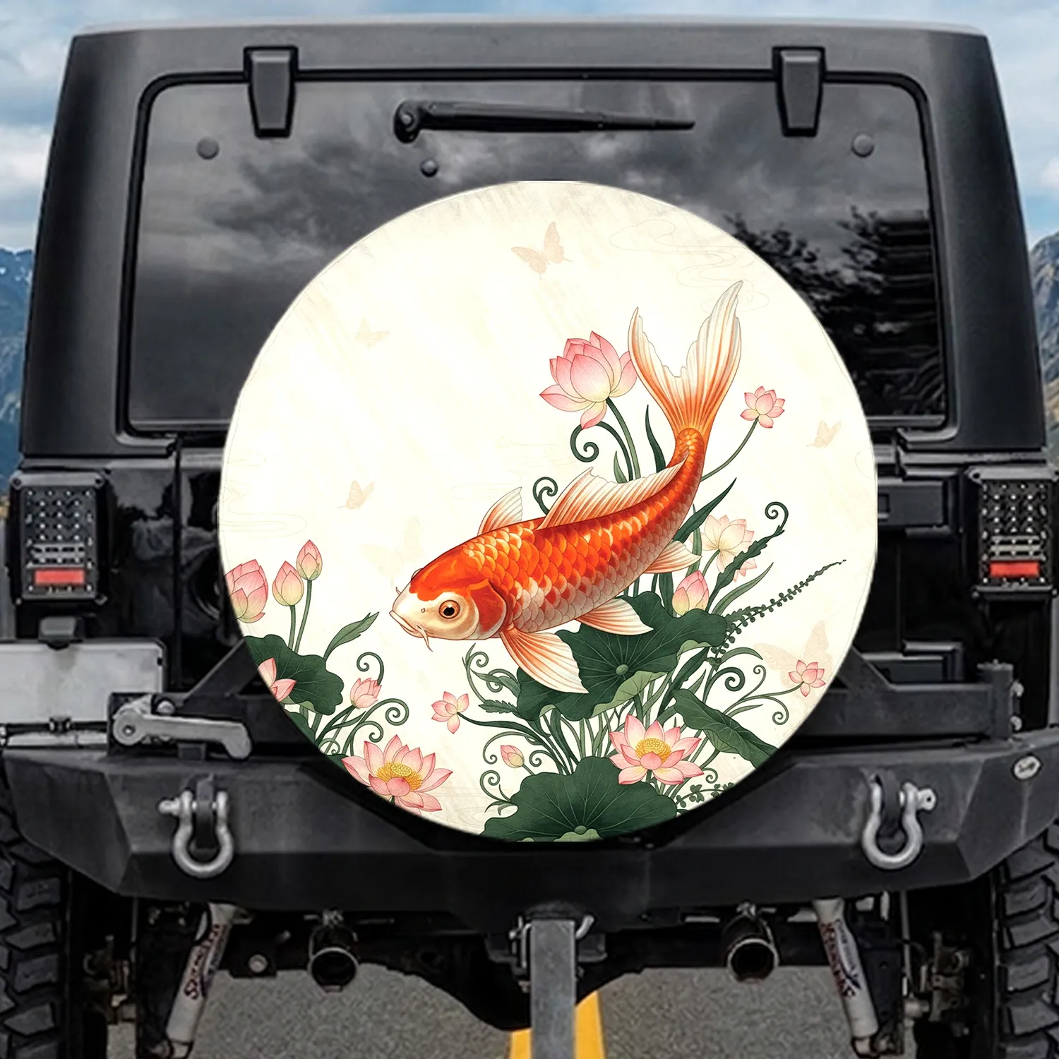 Majestic Koi Fish Lotus Flowers Aquatic Scene - Serene Home Decor Gift for Zen Enthusiasts Spare Tire Cover - 1