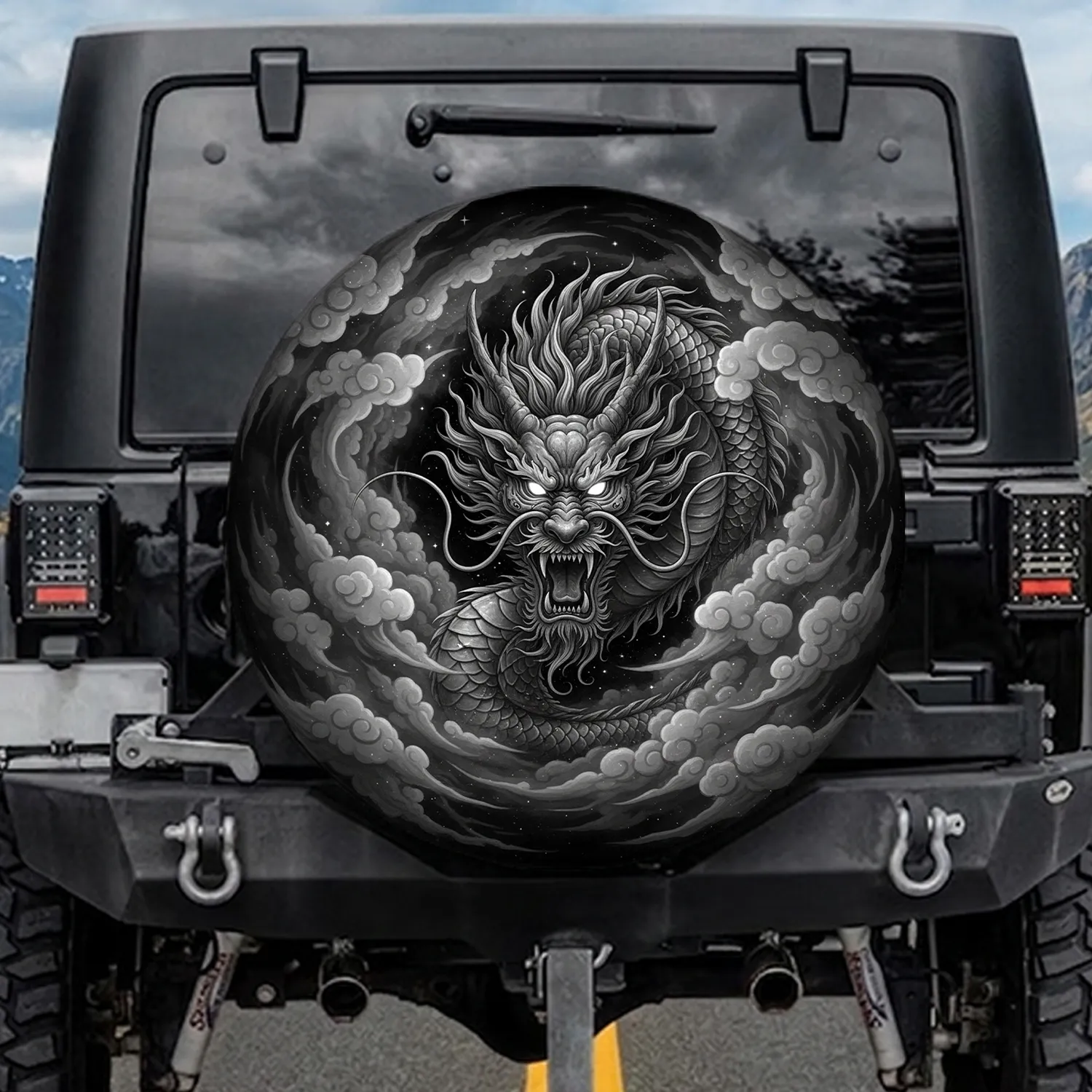 Eastern Dragon Snarling Intricate Scales Grayscale Sky Stars - Adventure Lover Gift Spare Tire Cover - 1