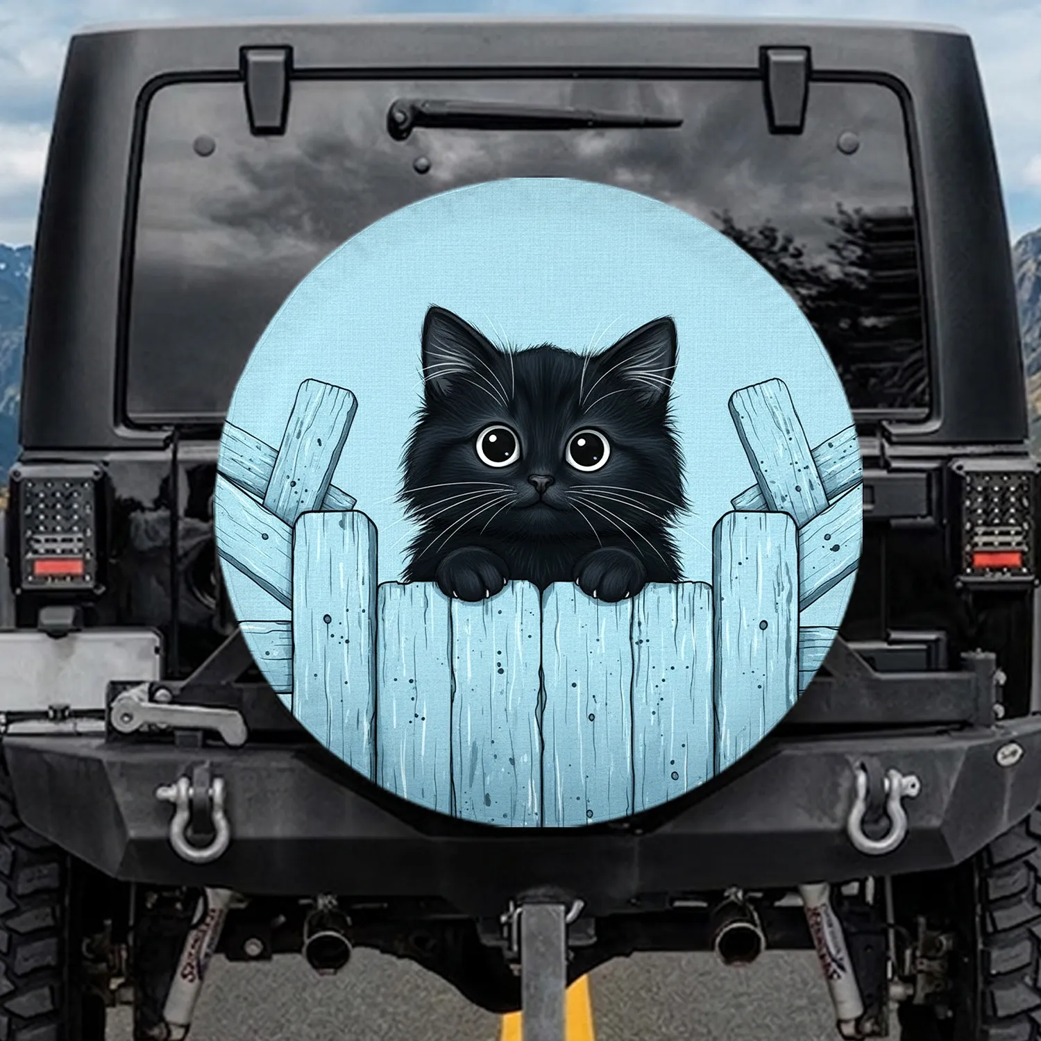 Black Cat Peeking Rustic Wooden Fence - Cat Lover Home Decor Gift Spare Tire Cover - 1