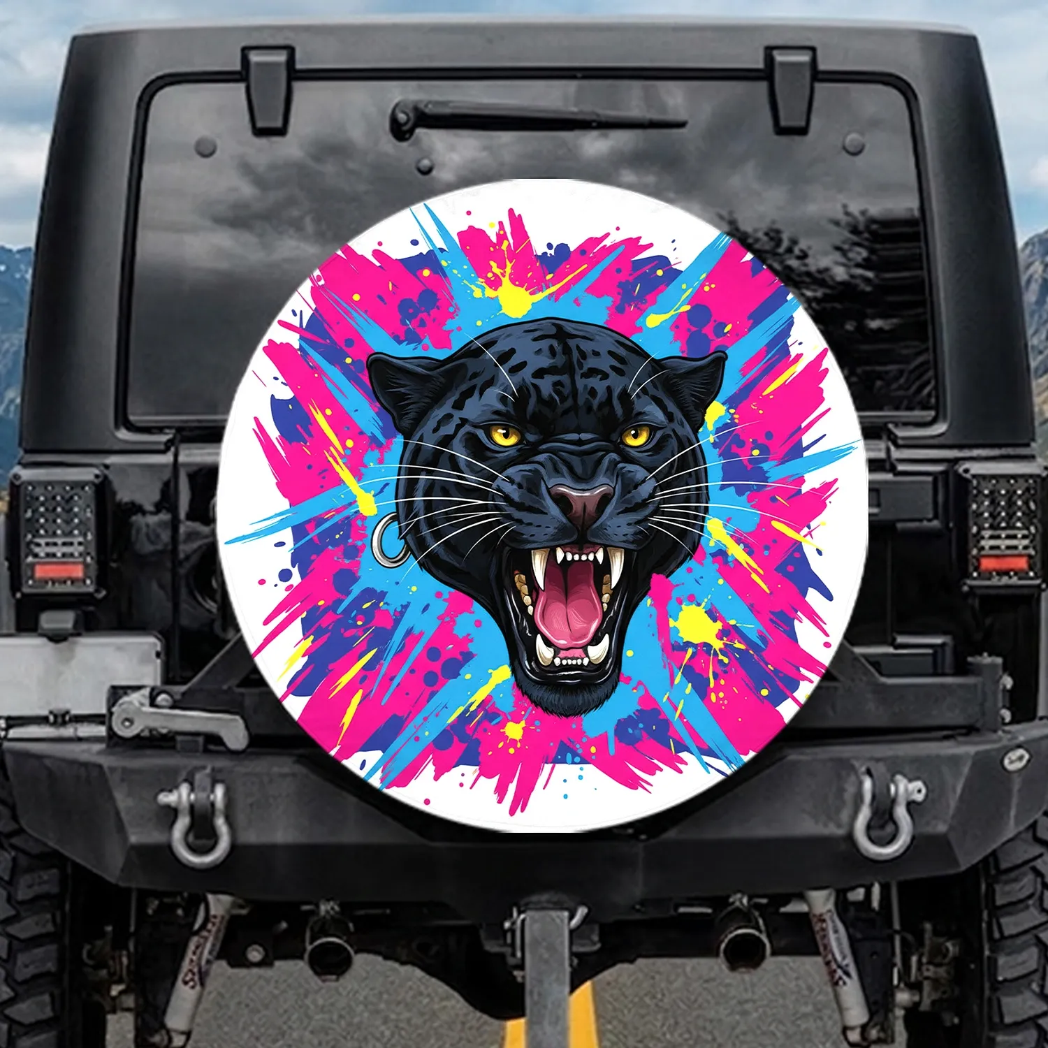 Roaring Black Panther Head Yellow Eyes Pink Tongue Silver Earring - Wildlife Lover Gift Spare Tire Cover - 1