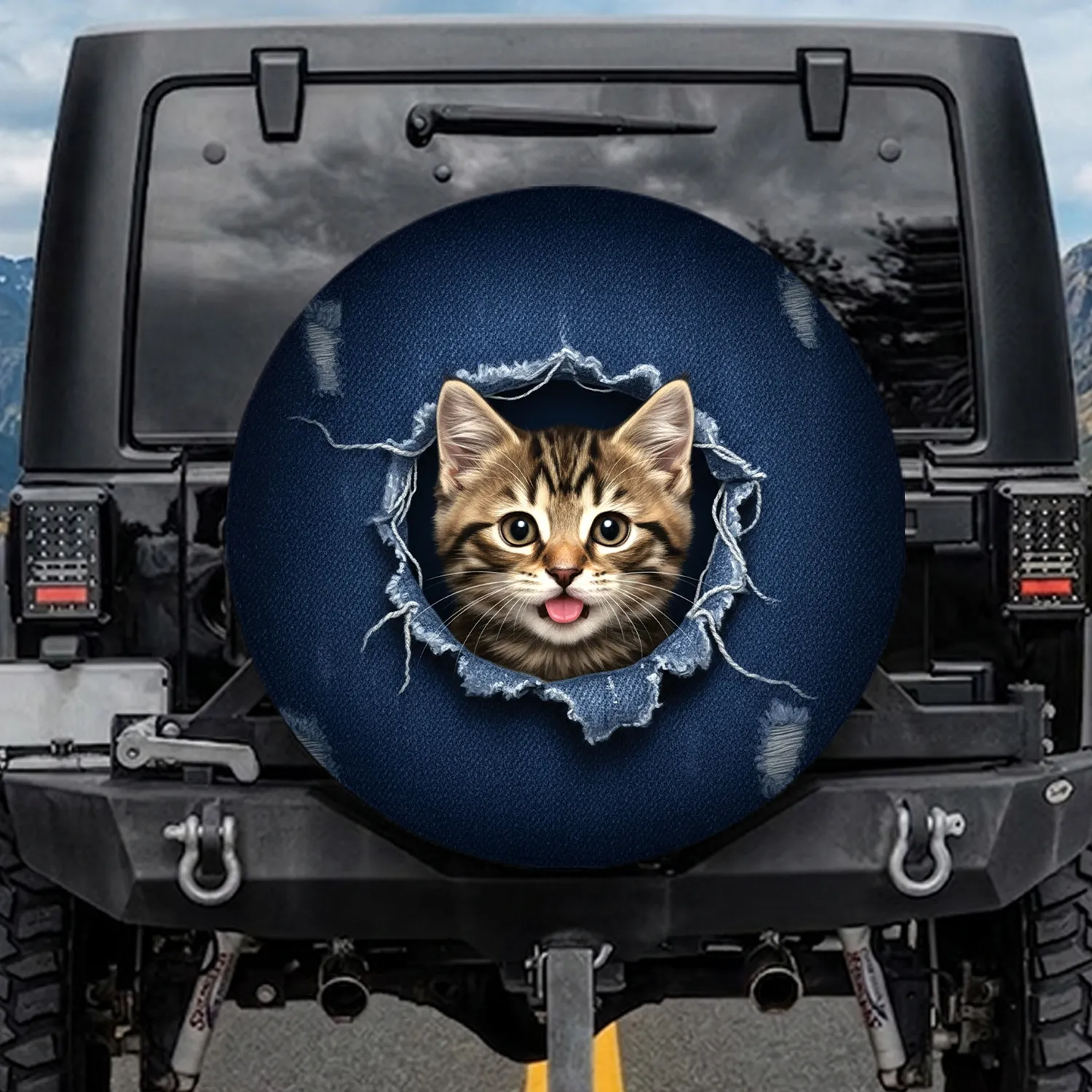 Wide-Eyed Tabby Kitten Denim Fabric - Cat Lover Gift for Pet Parents Spare Tire Cover - 1