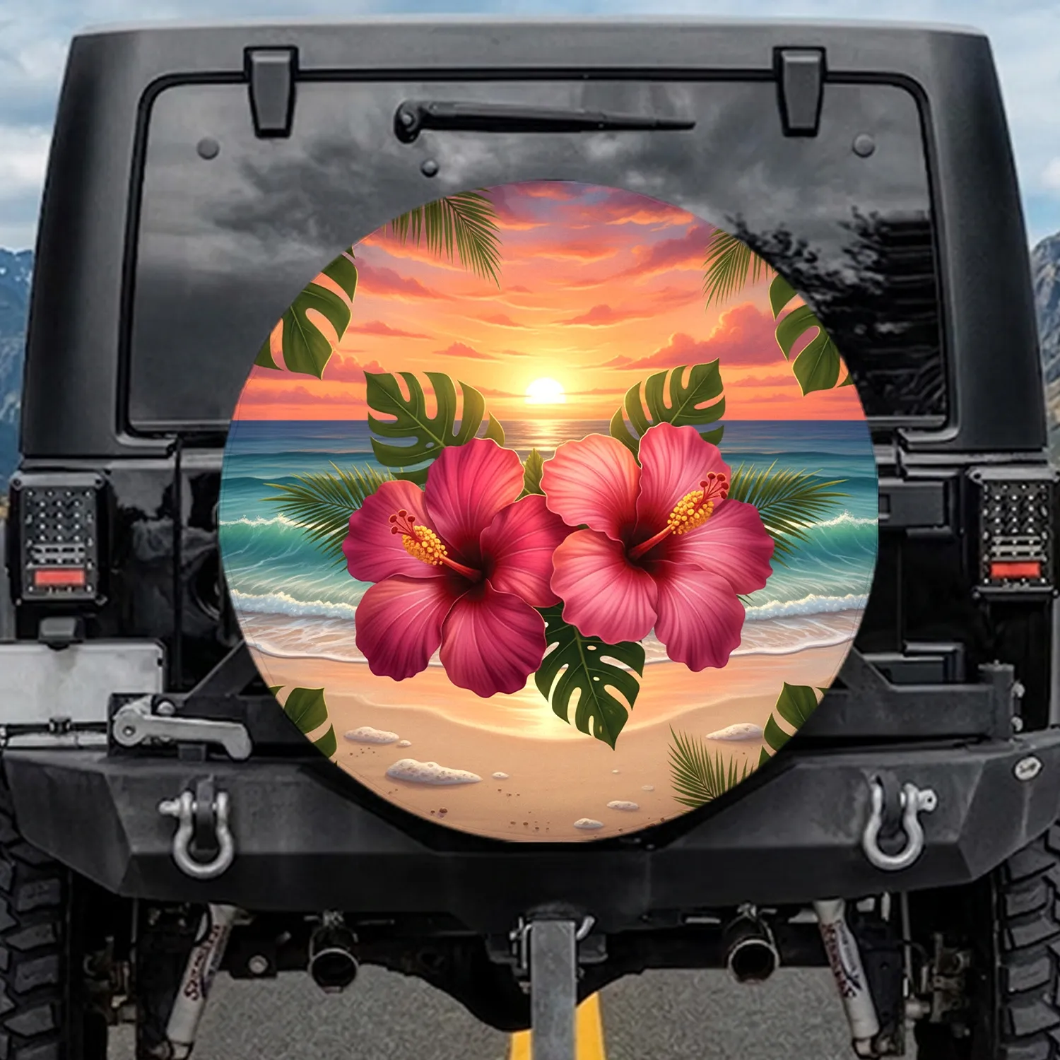 Hibiscus Tropical Sunset Ocean Beach - Home Decor Gift for Beach Lover Spare Tire Cover - 1