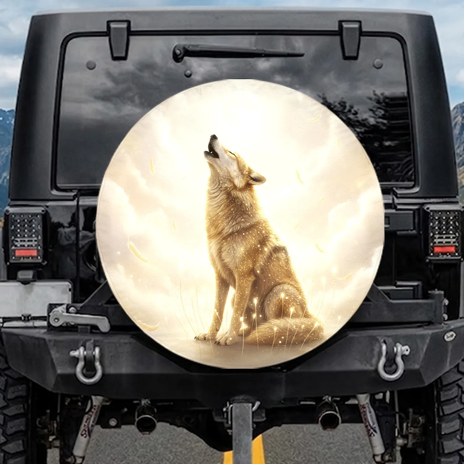 Golden Wolf Howling Celestial Moon - Wildlife Lover Gift Spare Tire Cover - 1