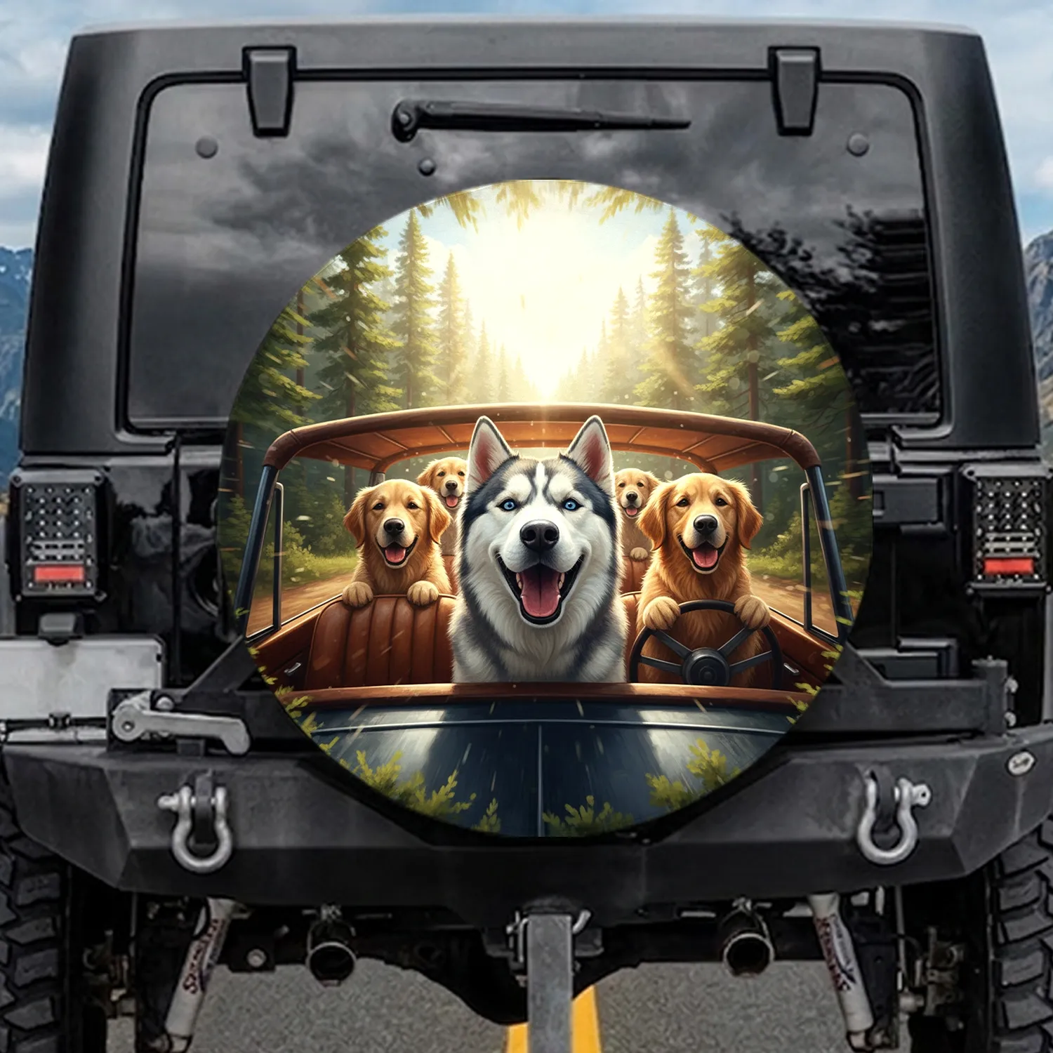 Siberian Husky Golden Retriever Adventure Vehicle Forest - Road Trip Travel Gift Spare Tire Cover - 1
