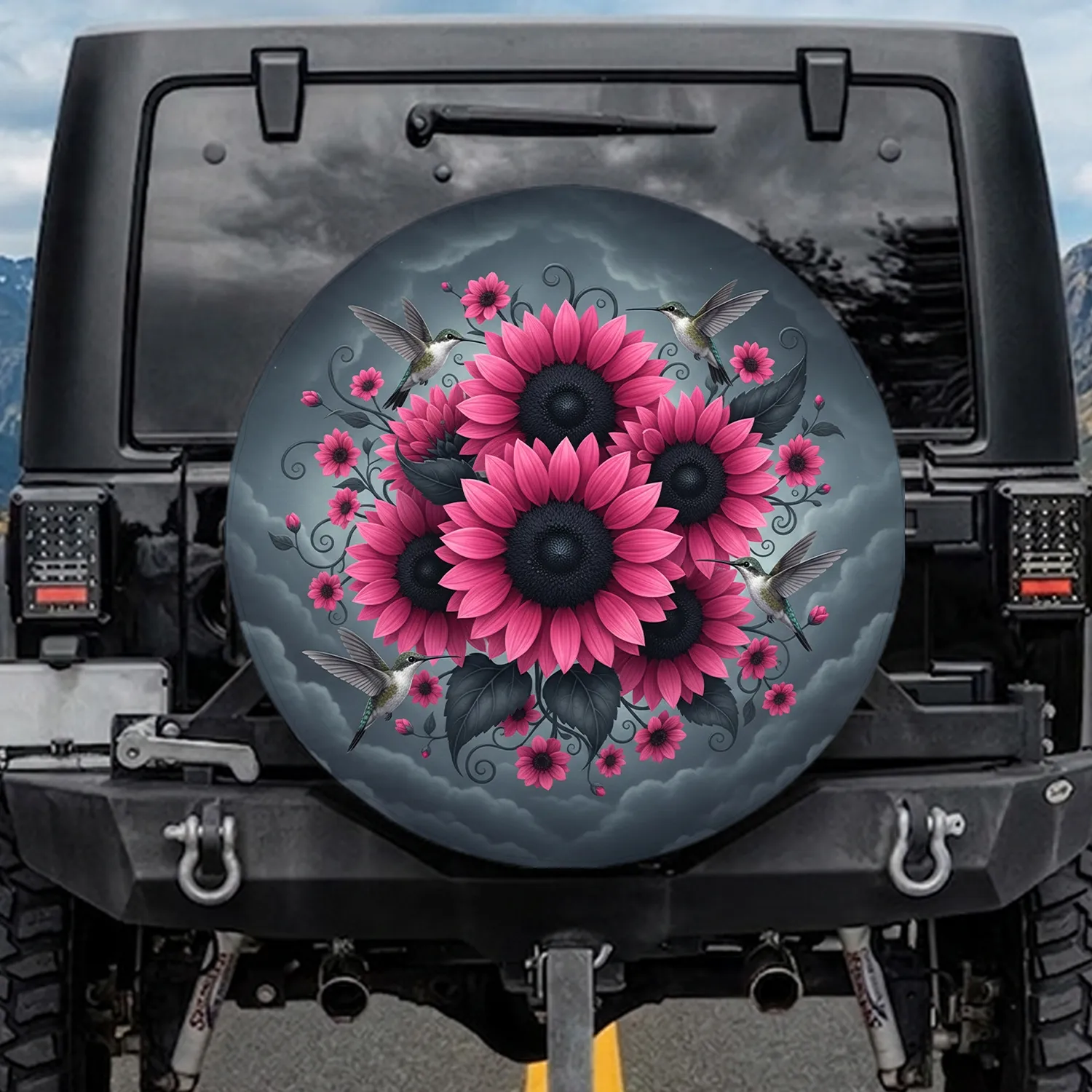 Vibrant Pink Sunflowers Hummingbirds Twilight Sky - Nature Lover Gift Spare Tire Cover - 1
