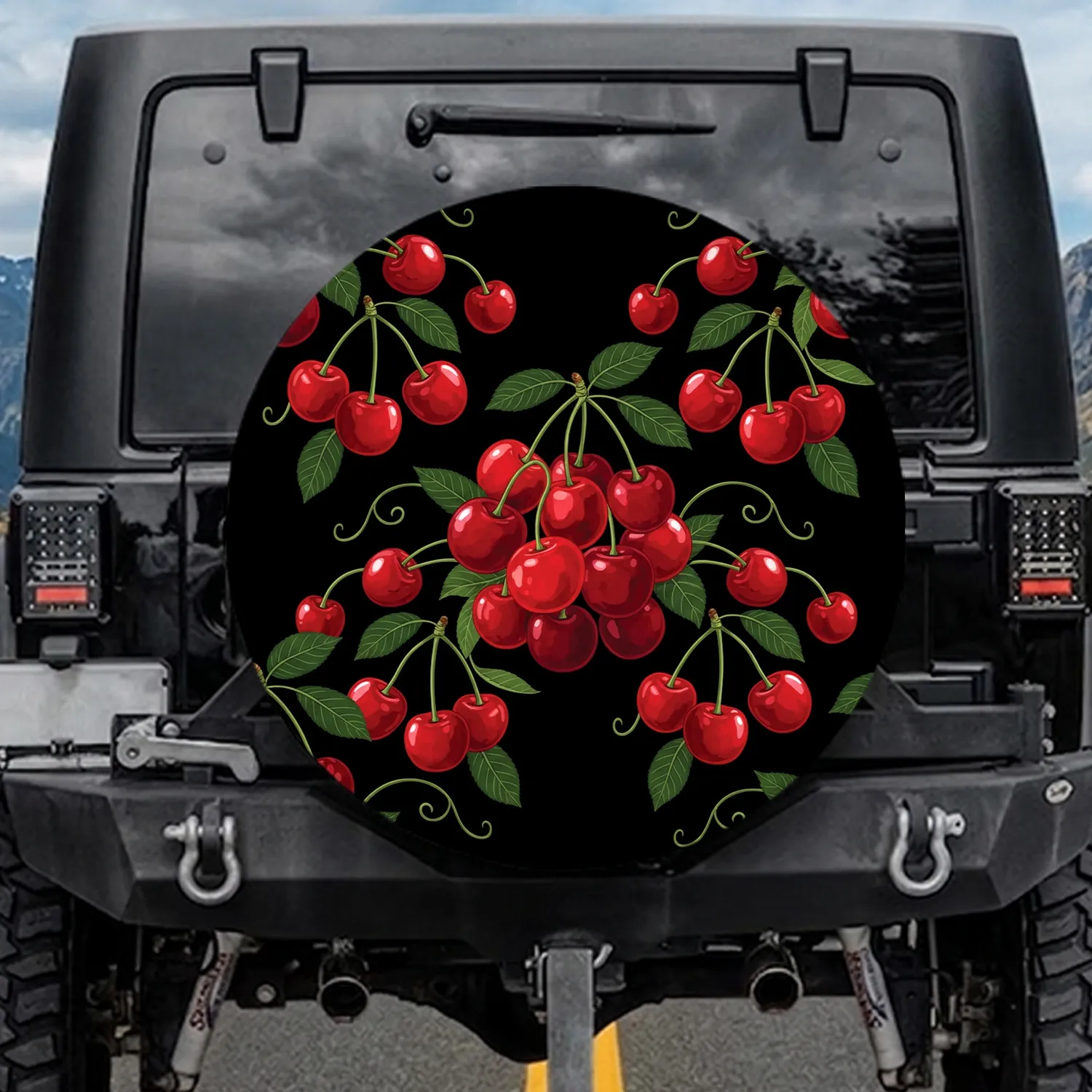 Botanical Red Cherry Clusters Green Leaves Black Field - Everyday Display Spare Tire Cover - 1