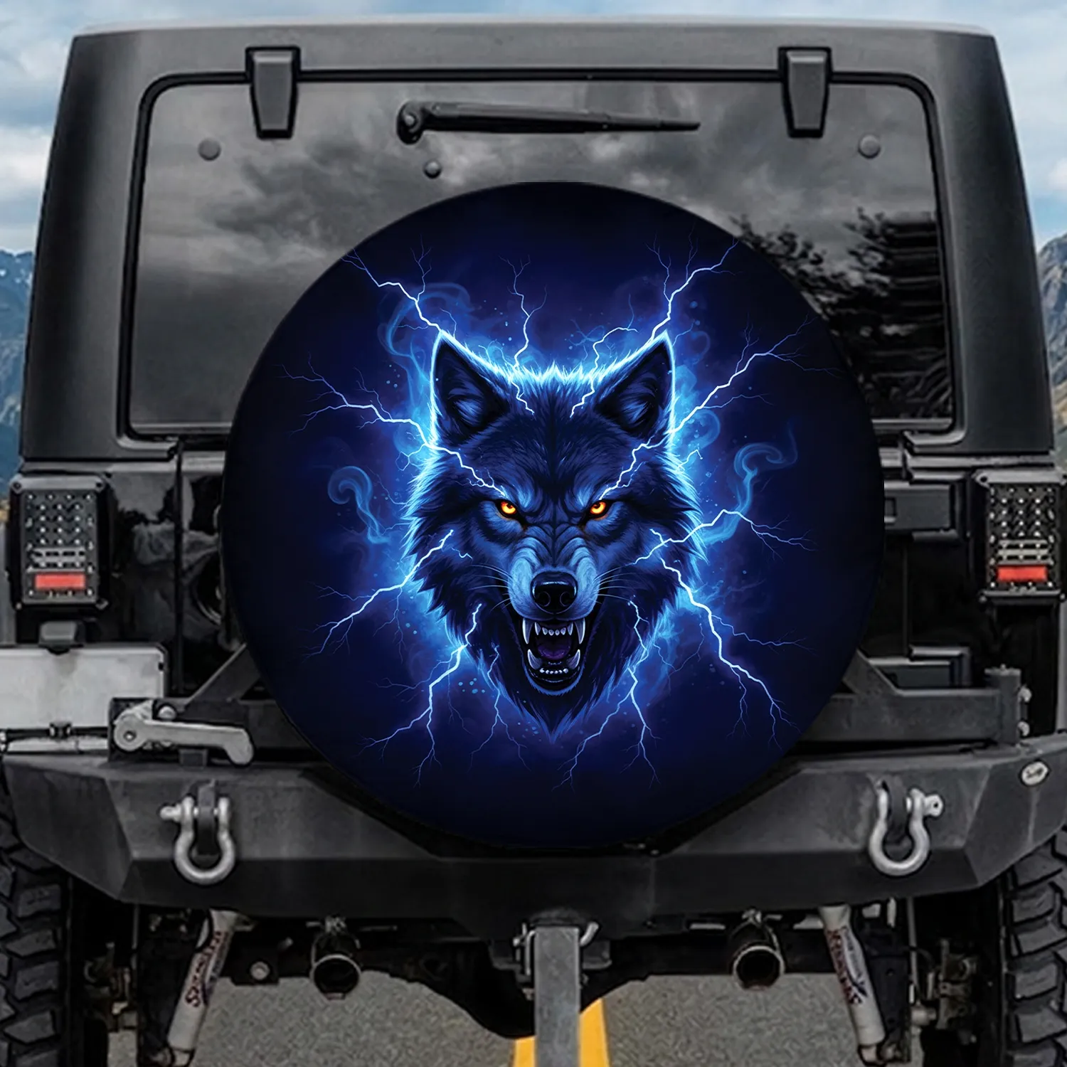 Snarling Alpha Wolf Head Glowing Eyes Electric Lightning Mist - Wildlife Lover Gift Spare Tire Cover - 1