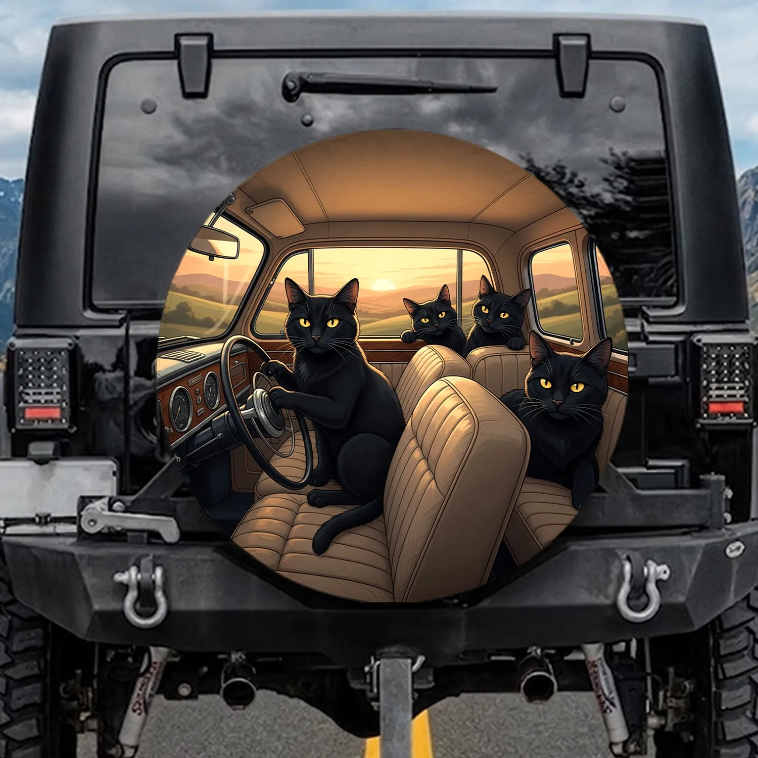 Black Cats Vintage Car Road Trip Sunset Hills - Cat Lover Travel Essentials Gift Spare Tire Cover - 1