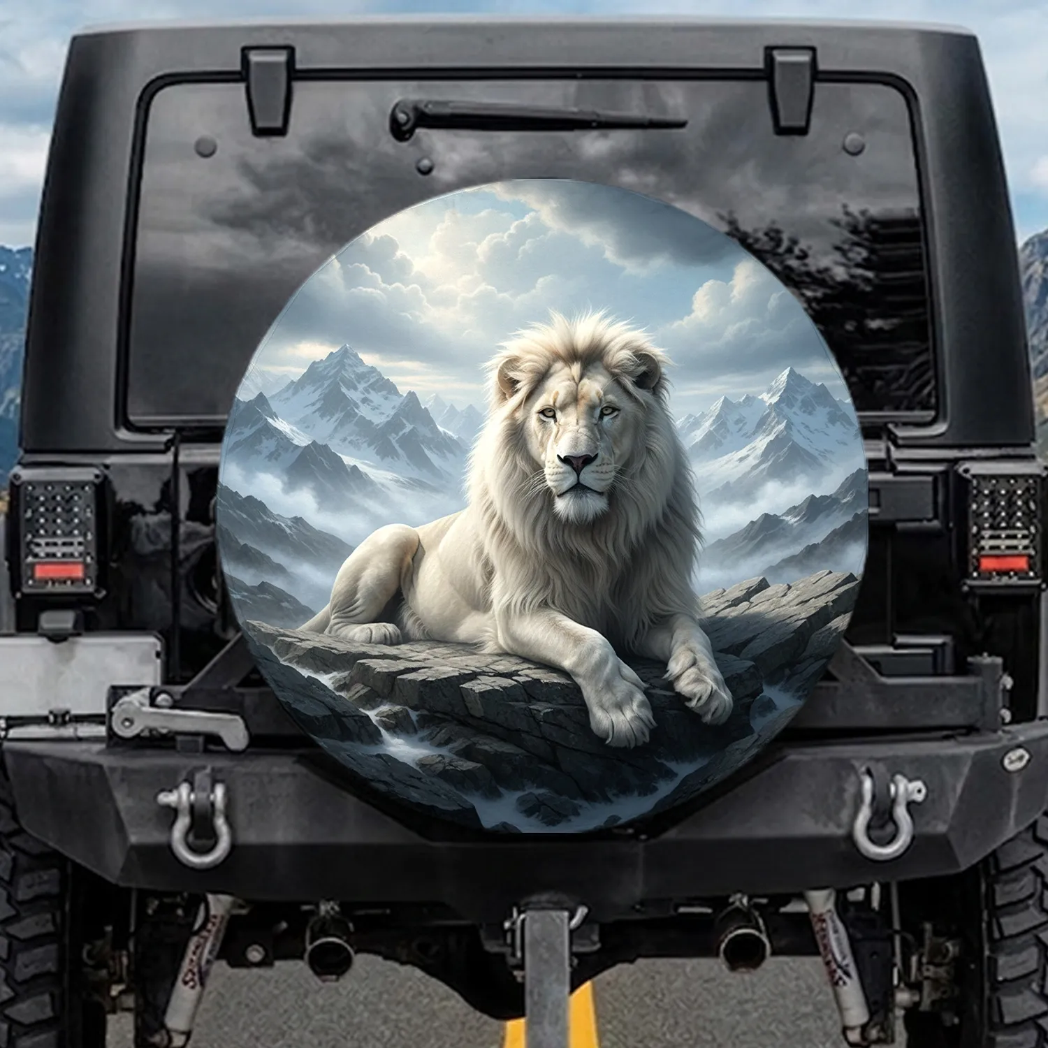 Majestic Alpha White Lion Snow Peak Mountains - Wildlife Lover Gift for Lion Lover Spare Tire Cover - 1