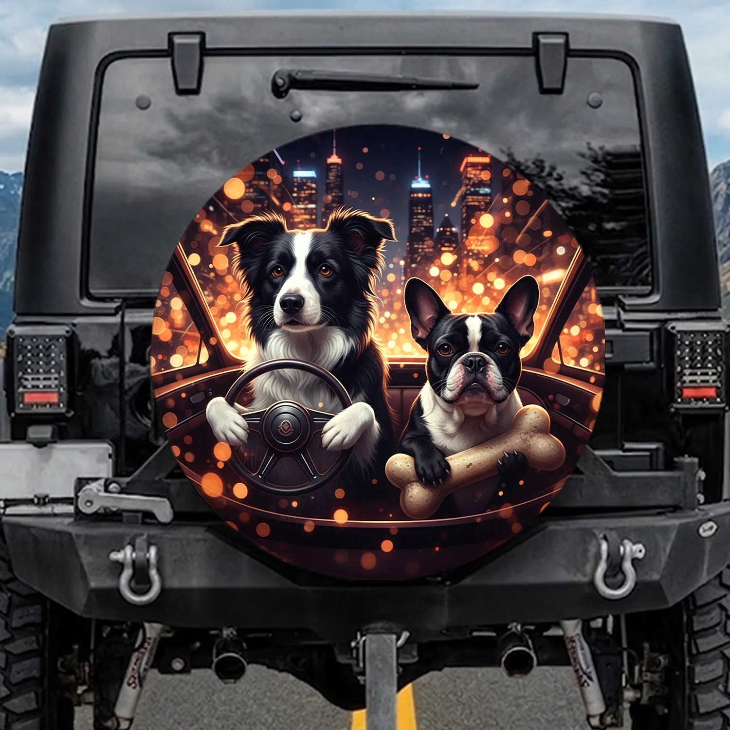Black White Border Collie French Bulldog City Lights - Pet Owner Car Accessory Gift Spare Tire Cover - 1