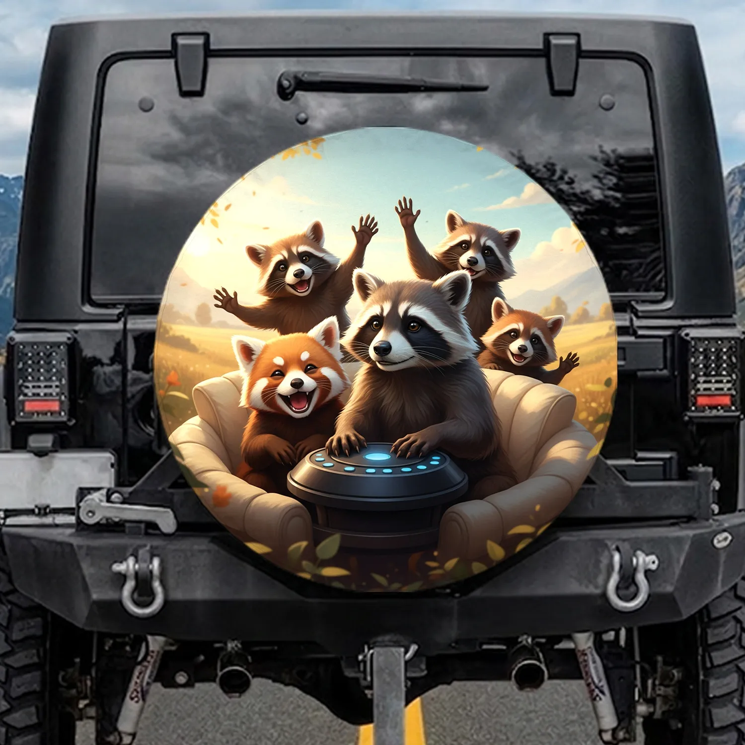 Raccoons Red Panda Guiding Sunlit Journey - Travel Essentials Gift for Wildlife Lover Spare Tire Cover - 1