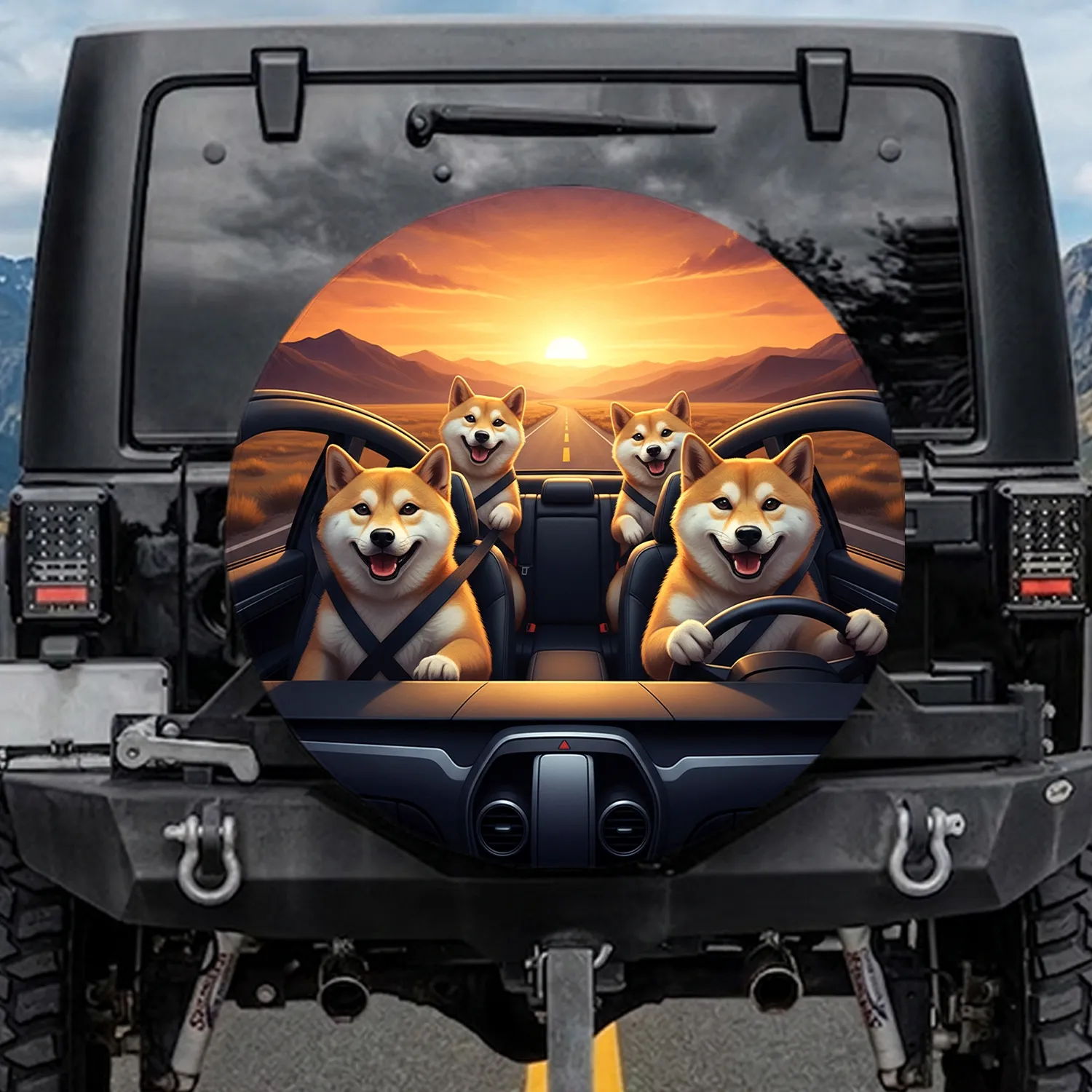 Shiba Inu Dogs Driving Car Sunset Mountain Road - Adventure Travel Gift Spare Tire Cover - 1