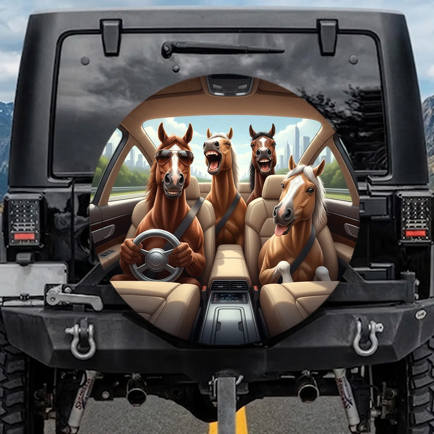 Humorous Horses Driving Car Road Trip - Travel Essentials Gift for Horse Lover Spare Tire Cover - 1